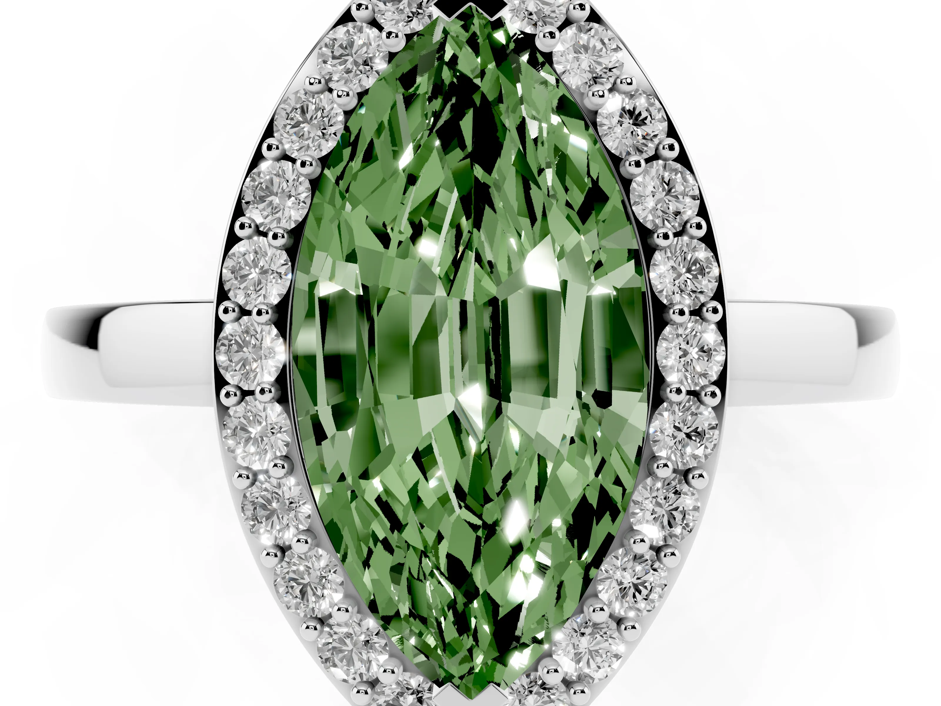 Fancy Green Marquise Cut Diamond Halo Ring Set in White gold with Solitaire Band and Prong Setting