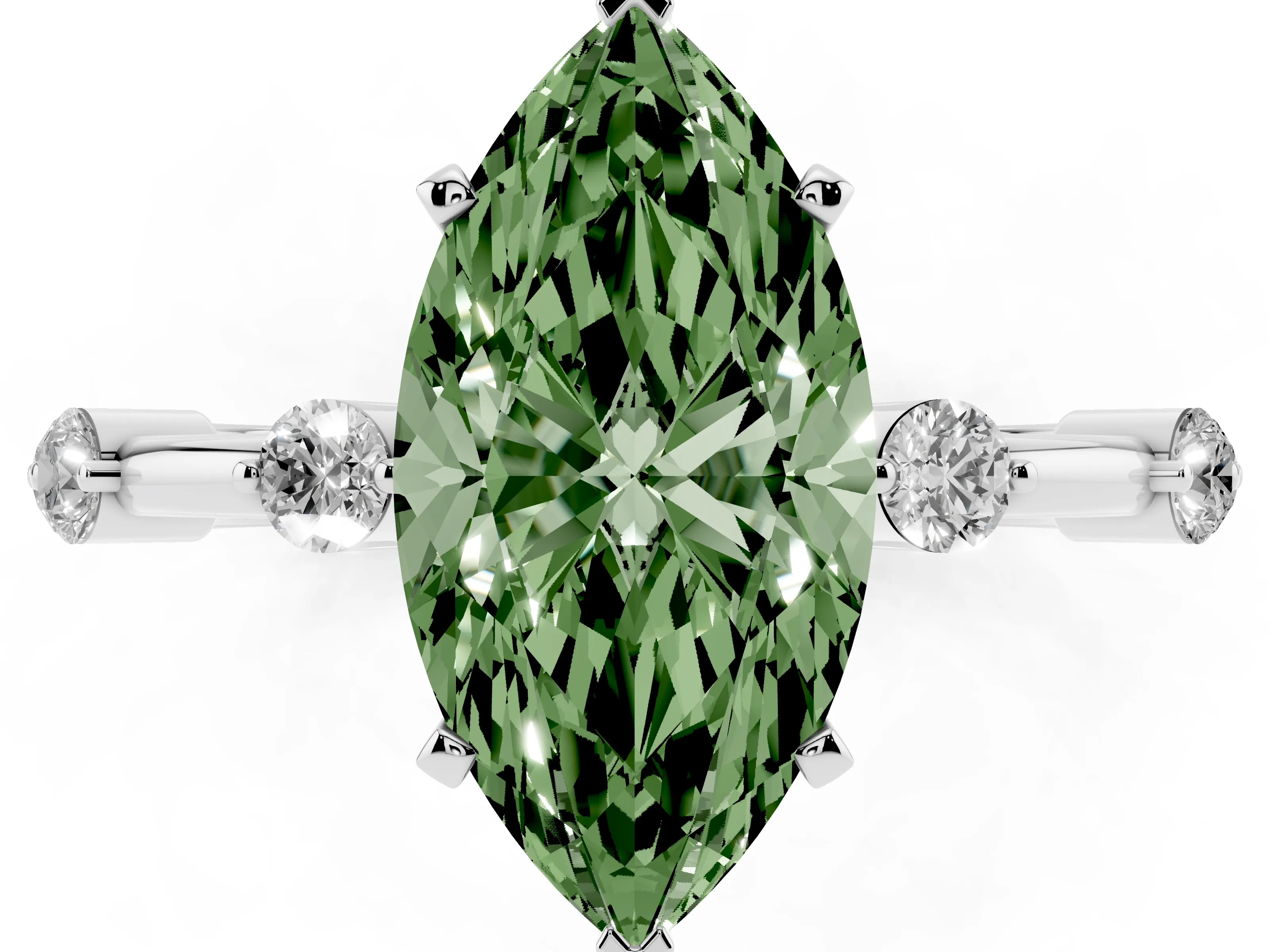 Fancy Green Marquise Cut Diamond Solitaire Ring Set in White gold with Bezel Set Side Stones and Prong Setting