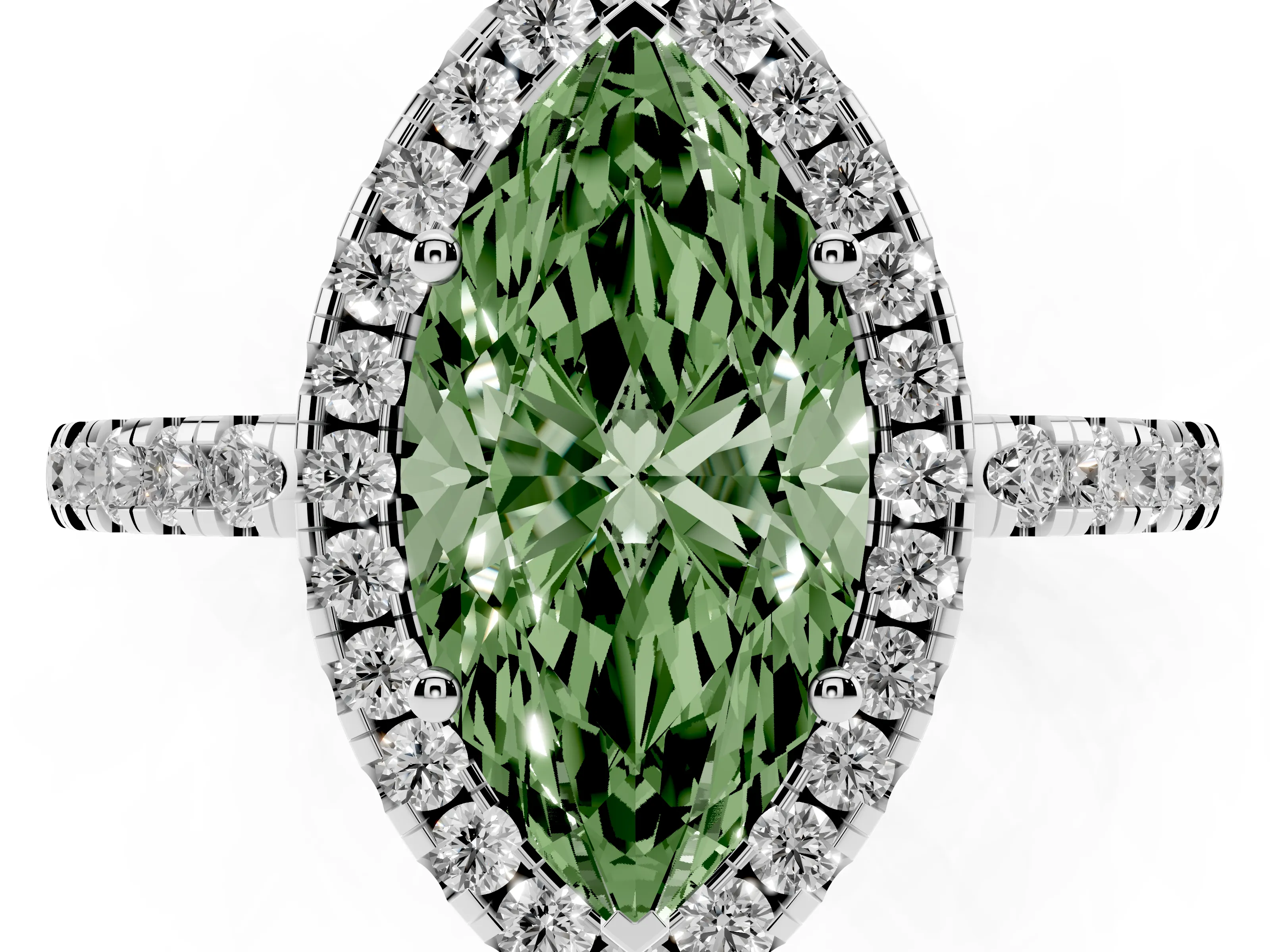 Fancy Green Marquise Cut Diamond Pavé Band Halo Engagement Ring Set in White gold with Prong Setting
