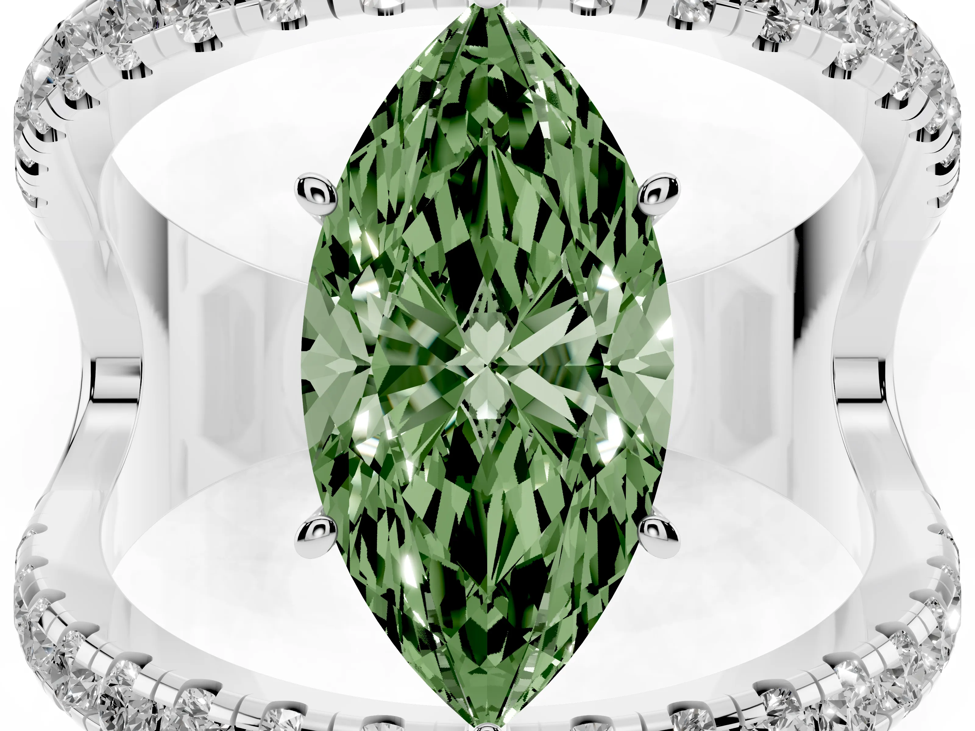 Fancy Green Marquise Cut Diamond Split Shank Pavé Solitaire Ring Set in White gold with Open Shank Design