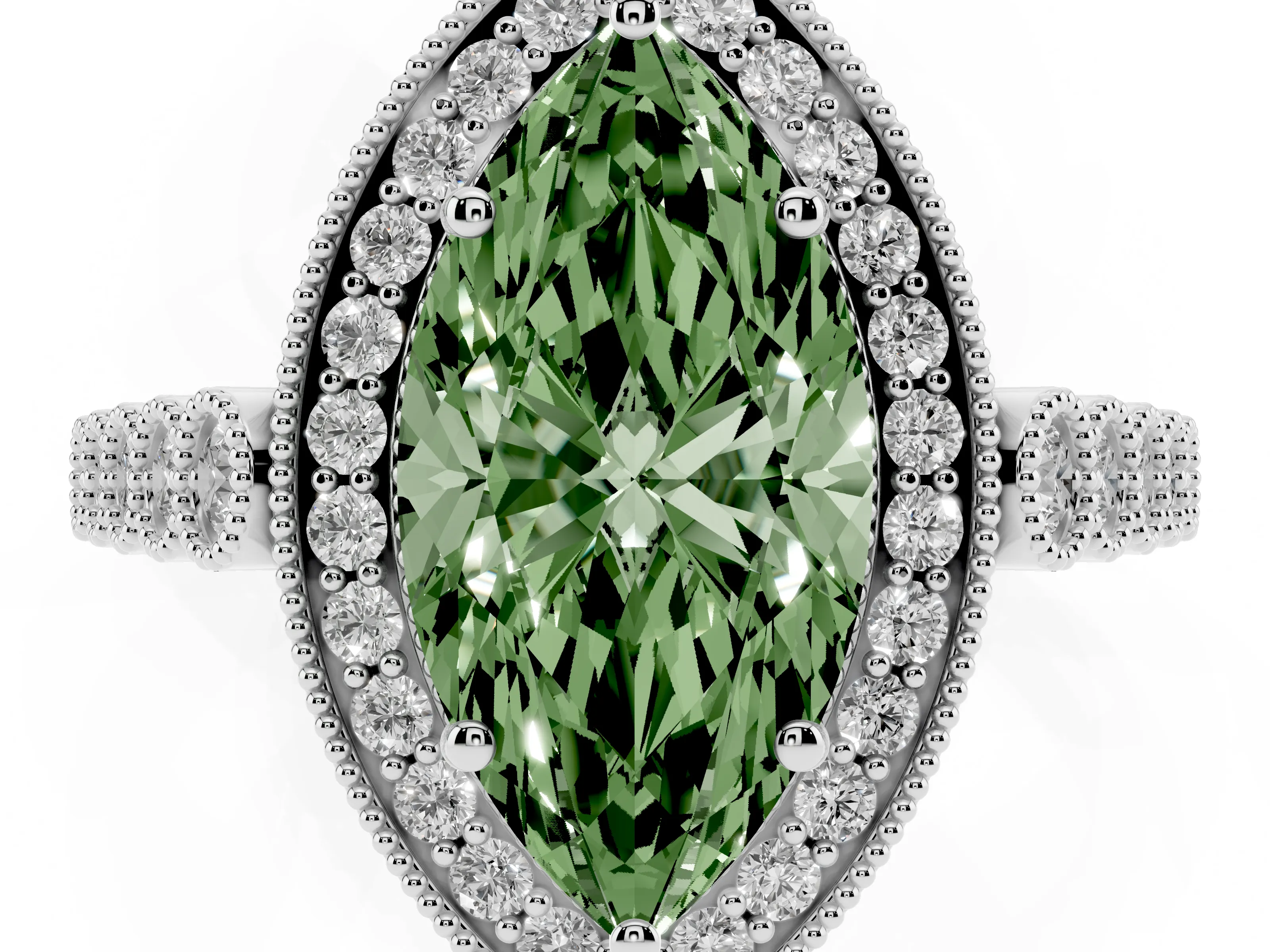 Fancy Green Marquise Cut Diamond Milgrain Halo Solitaire Ring Set in White gold with Bezel Set Side Stones and Pavé Band