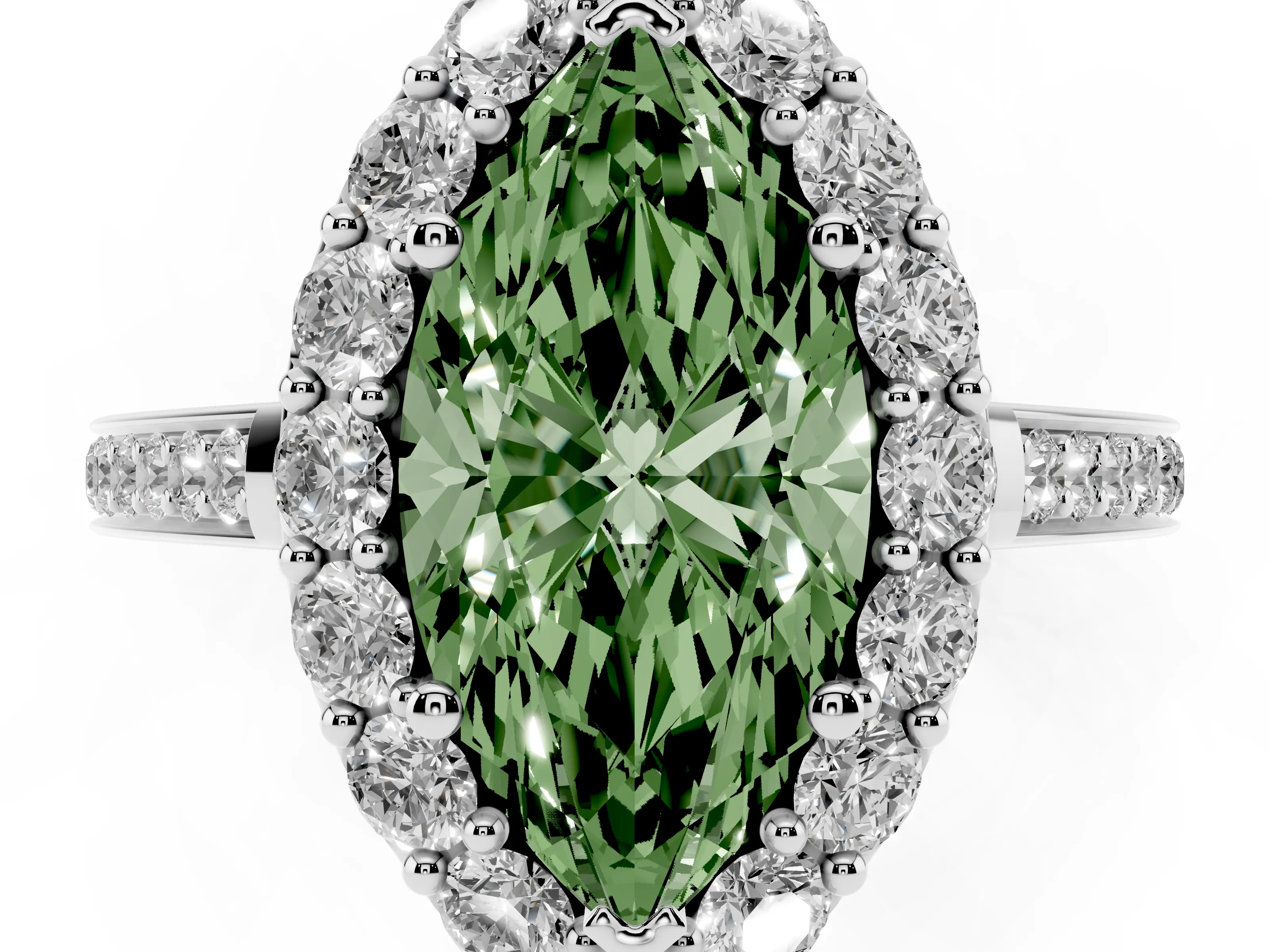 Fancy Green Marquise Cut Diamond Floral Halo Ring Set in Silver with Pavé Band and Prong Setting