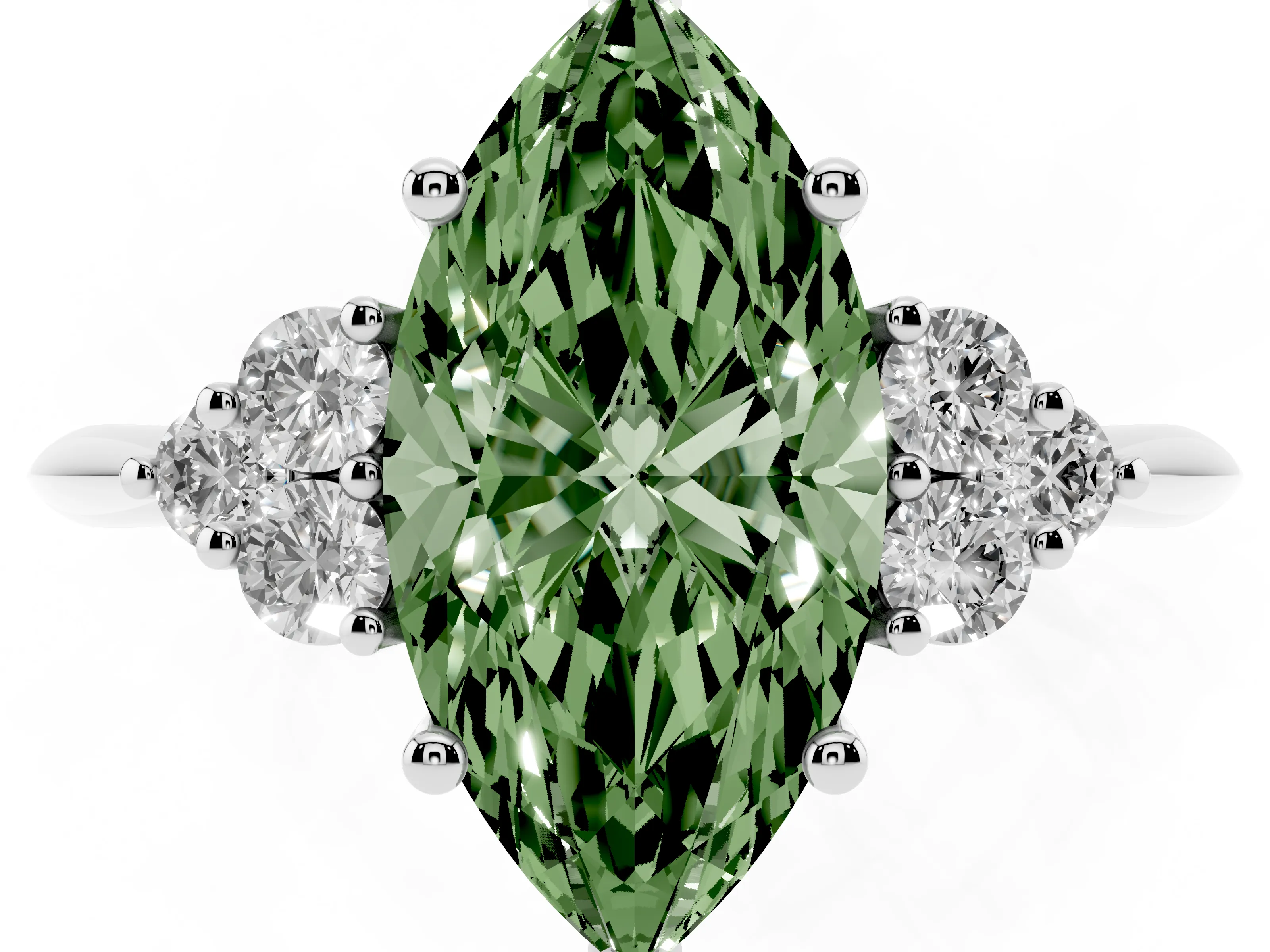 Fancy Green Marquise Cut Diamond Cluster Ring Set in Silver with Plain Band and Prong Setting