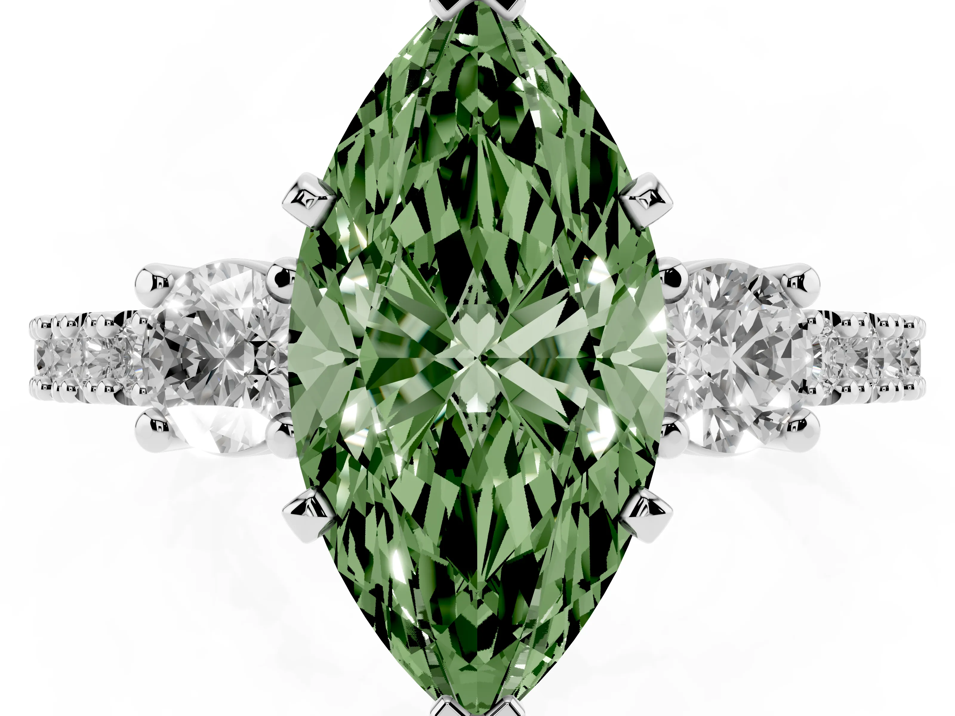 Fancy Green Three-Stone Marquise Cut Diamond Pavé Band Ring Set in Platinum with Prong Setting