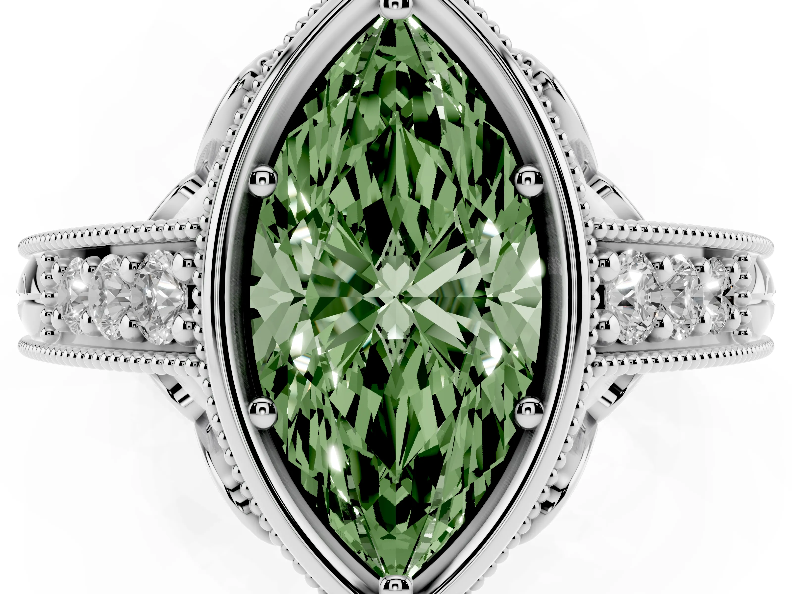 Fancy Green Bezel Set Marquise Cut Diamond Milgrain Pavé Engagement Ring Set in White gold