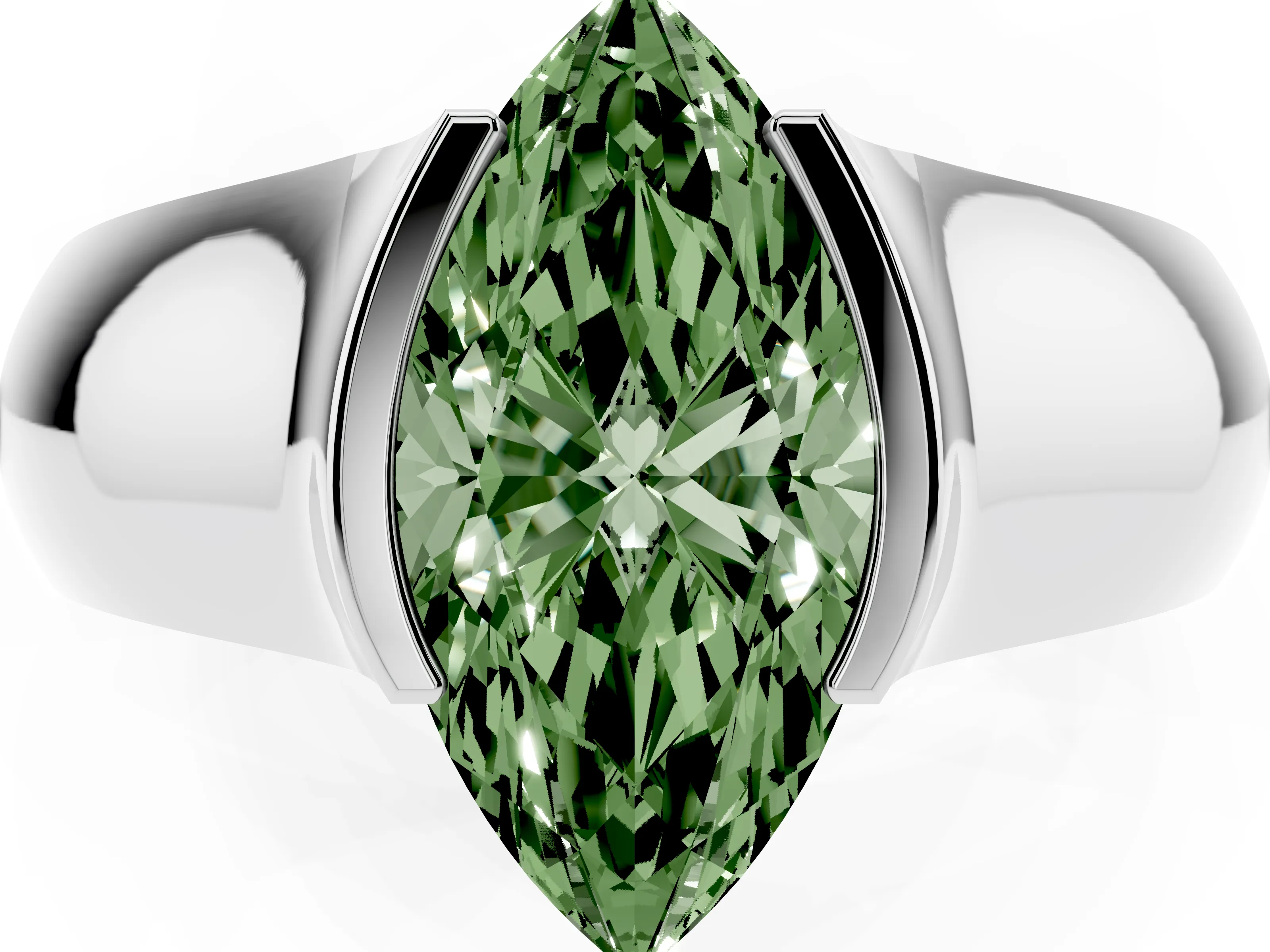 Fancy Green Marquise Cut Diamond Bezel Solitaire Ring Set in White gold with Wide Band