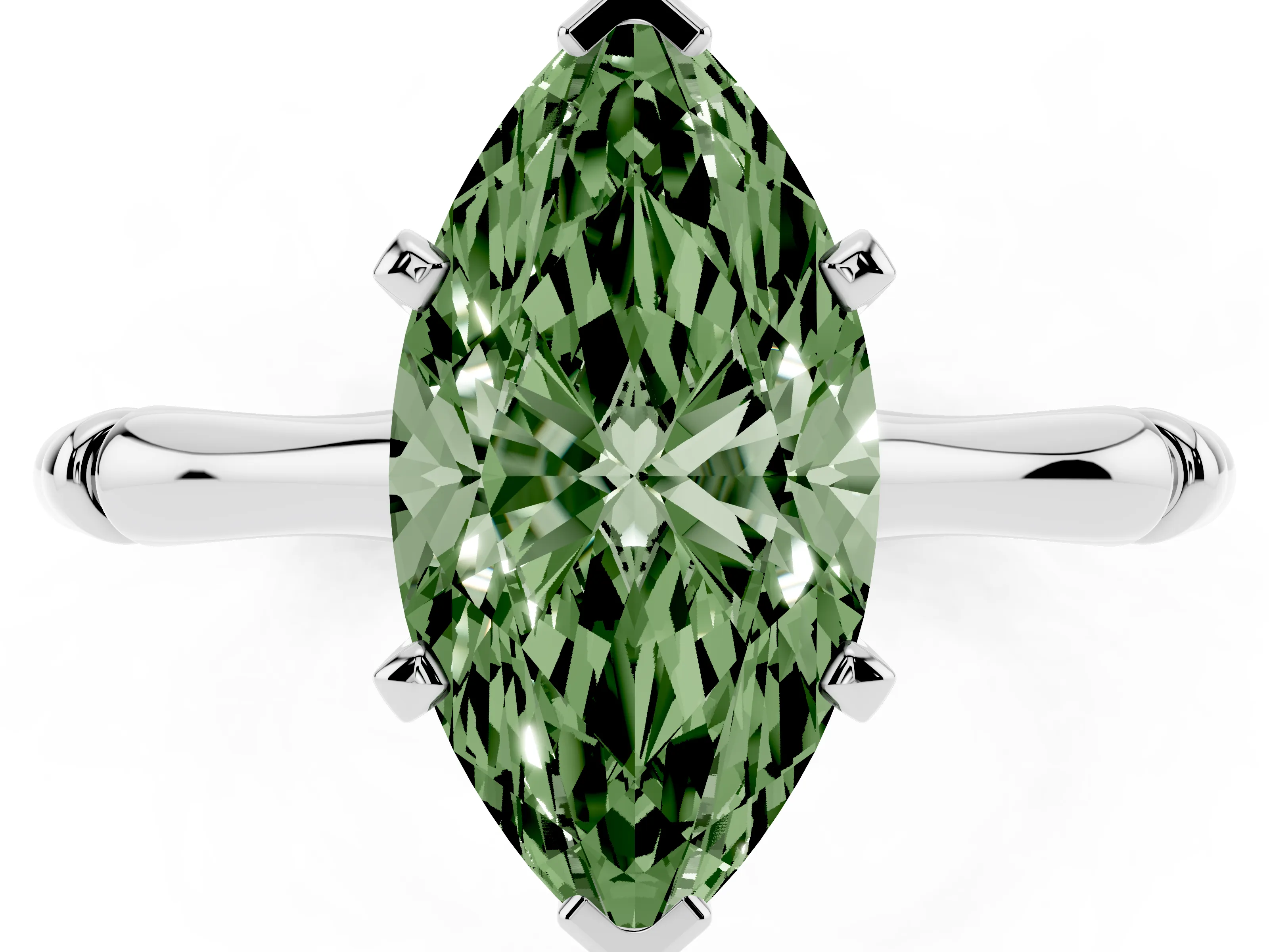 Fancy Green Marquise Cut Diamond Solitaire Ring Set in Silver with Bamboo Band and Prong Setting