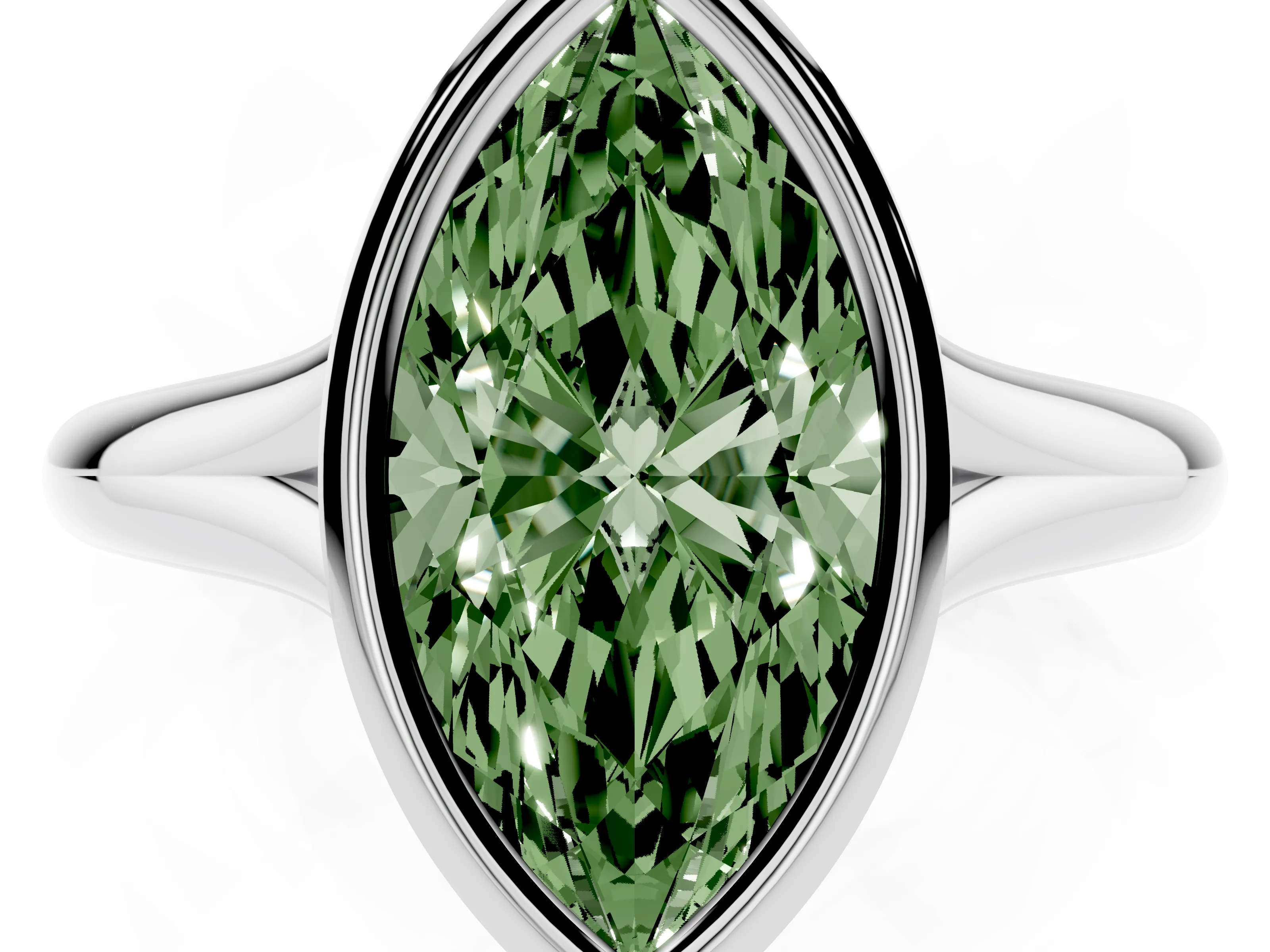 Fancy Green Bezel Set Marquise Cut Diamond Solitaire Ring Set in Platinum with Smooth Band