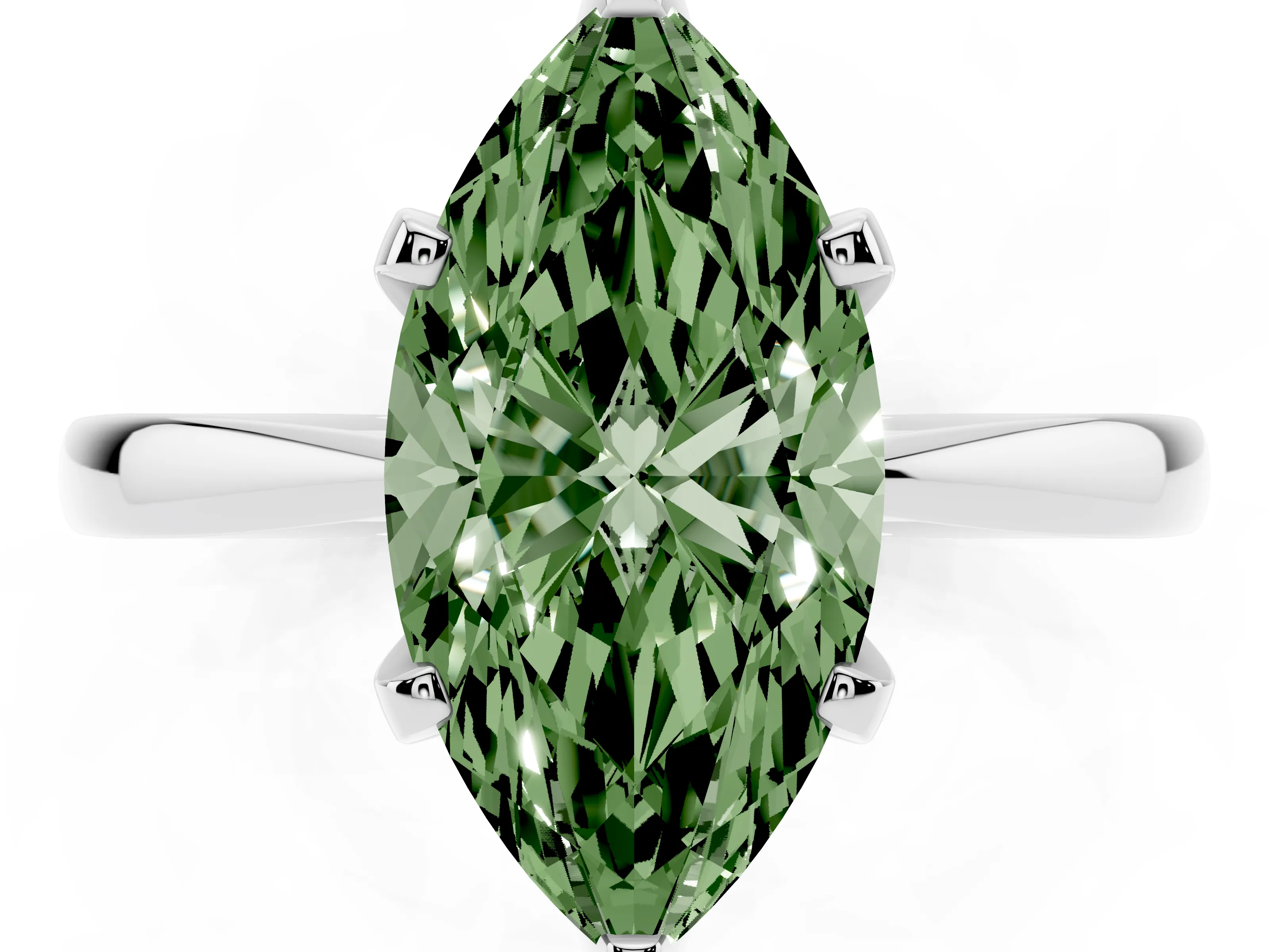 Fancy Green Marquise Cut Diamond Solitaire Engagement Ring Set in White gold with Slim Tapered Solitaire Band