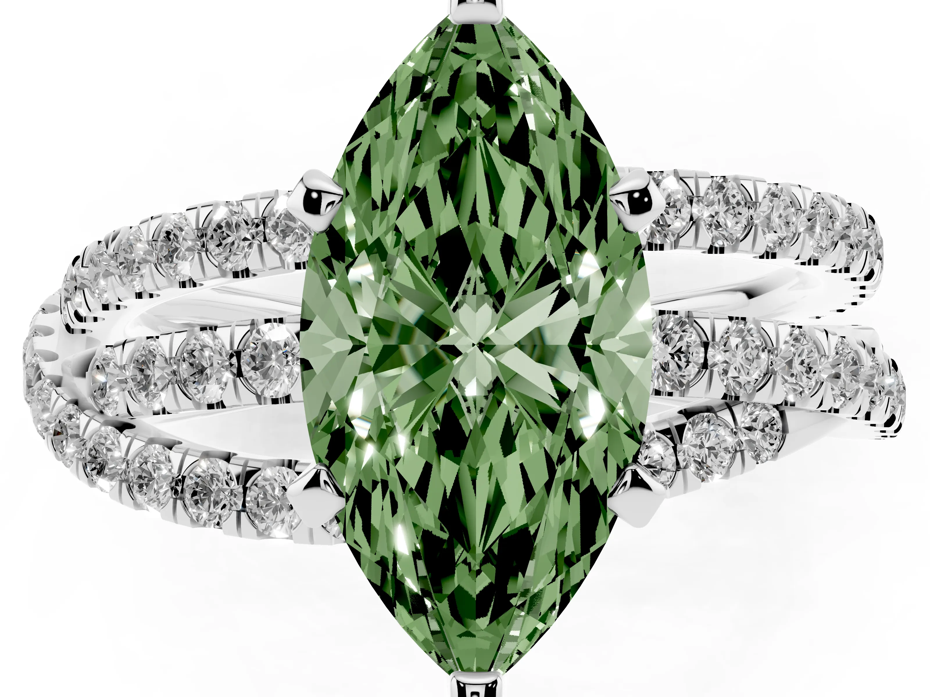 Fancy Green Marquise Cut Diamond Solitaire Twist Band Ring Set in Platinum with Pavé Setting and Prong Head