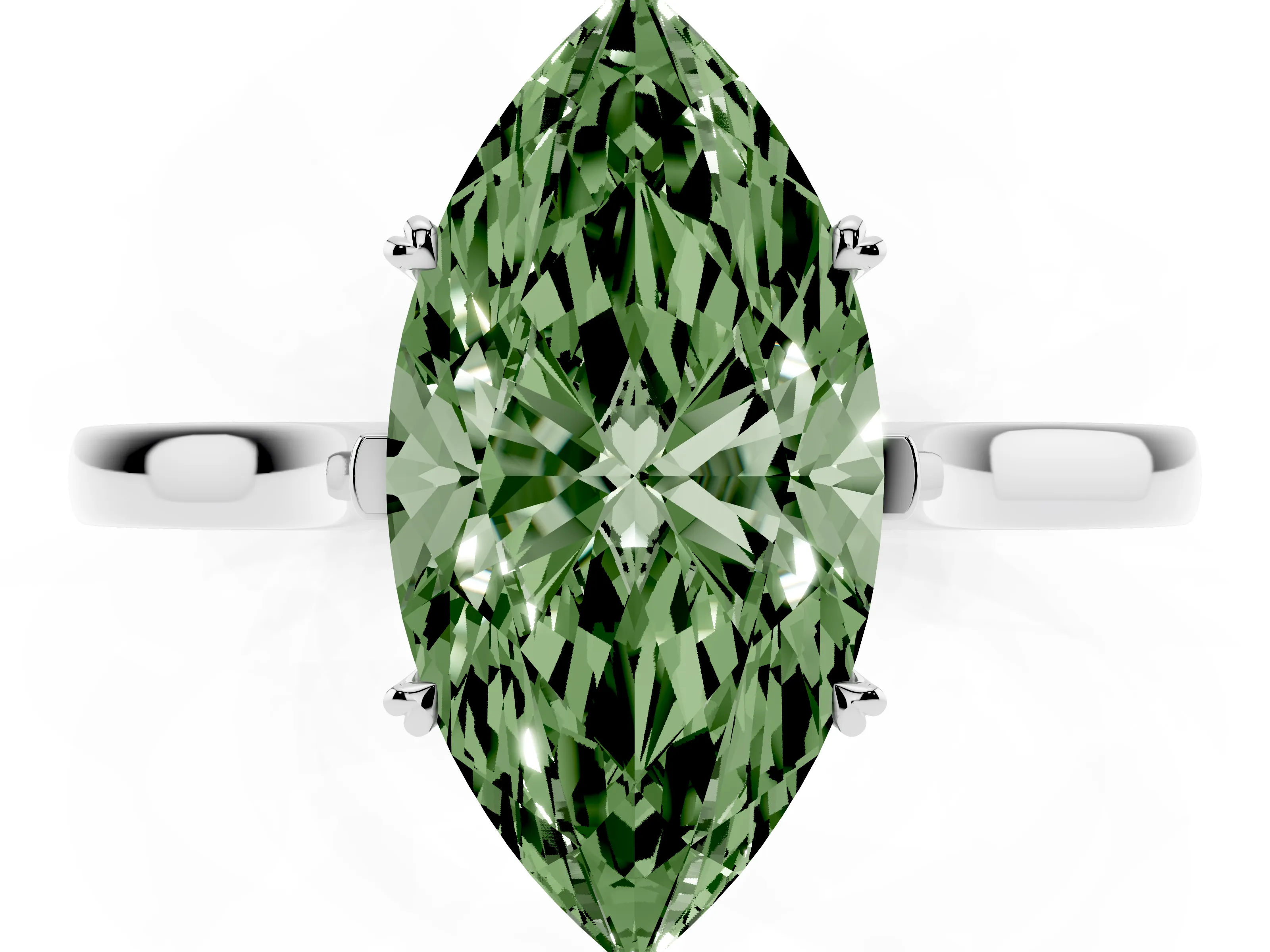 Fancy Green Marquise Cut Diamond Solitaire Heart Prong Engagement Ring Set in Silver with Tapered Band