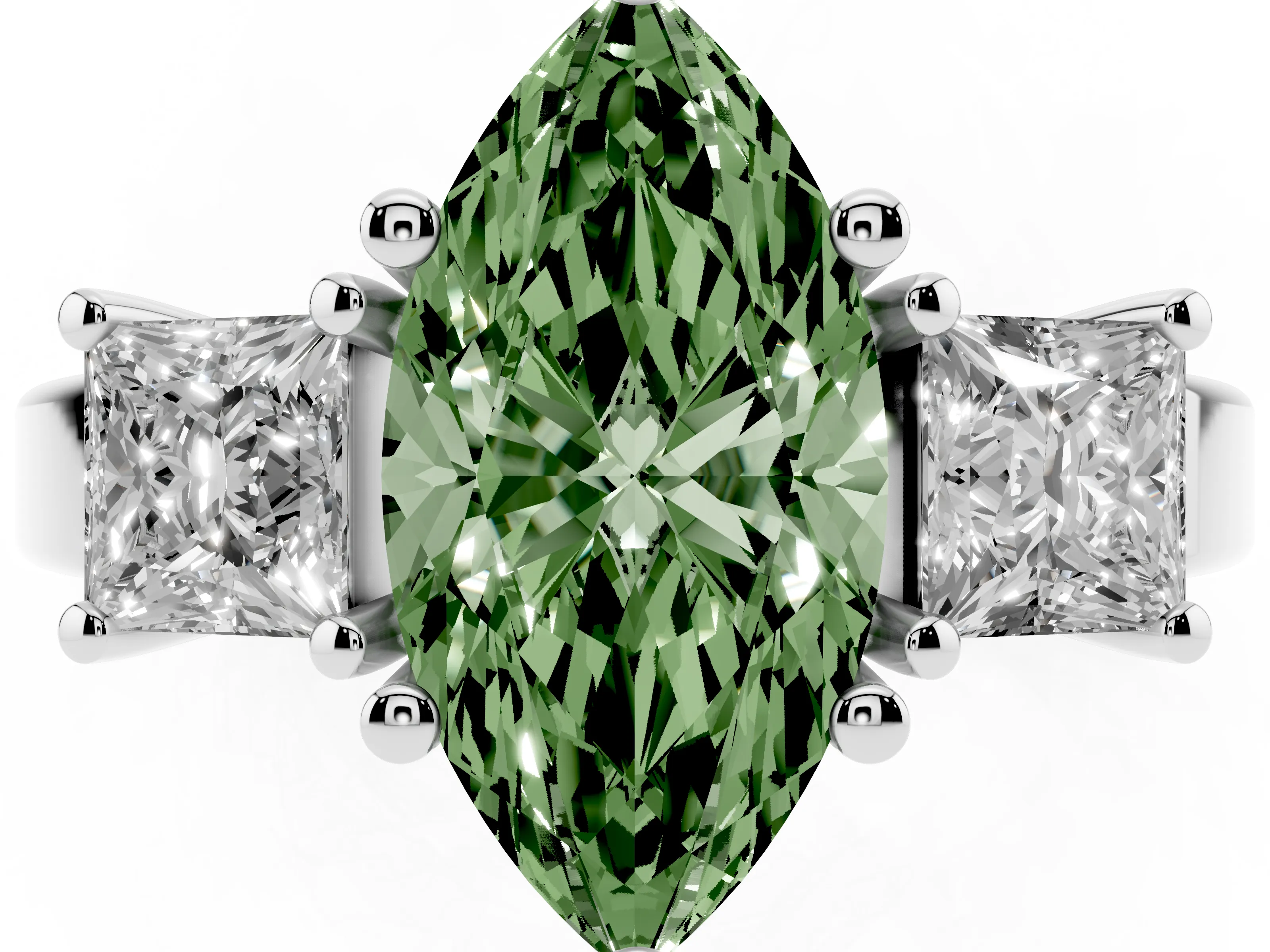 Fancy Green Three-Stone Marquise Cut Diamond Solitaire Ring Set in Platinum with Prong Setting