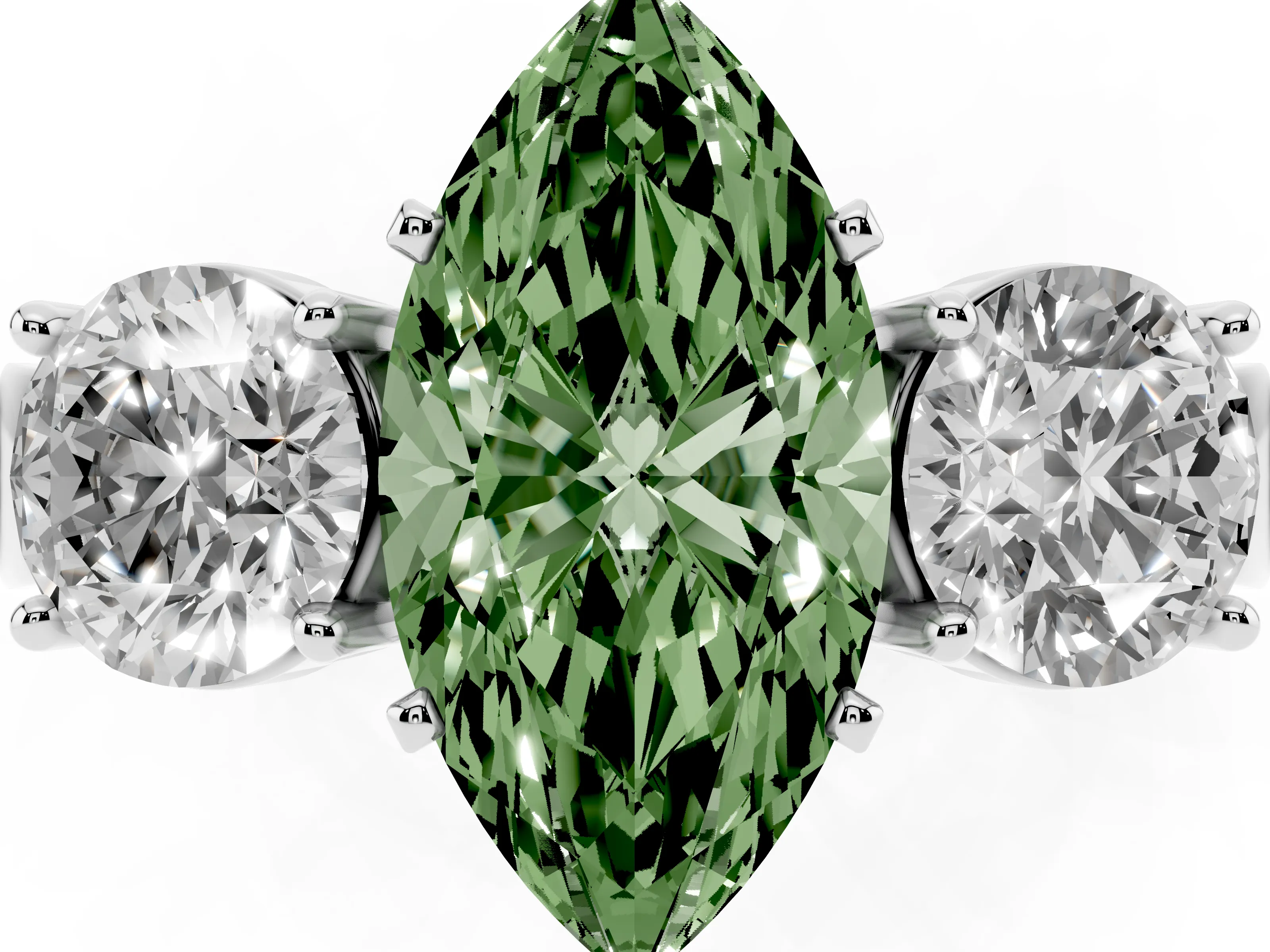 Fancy Green Marquise Cut Diamond Three-Stone Ring Set in Platinum with Round Side Stones and Classic Band