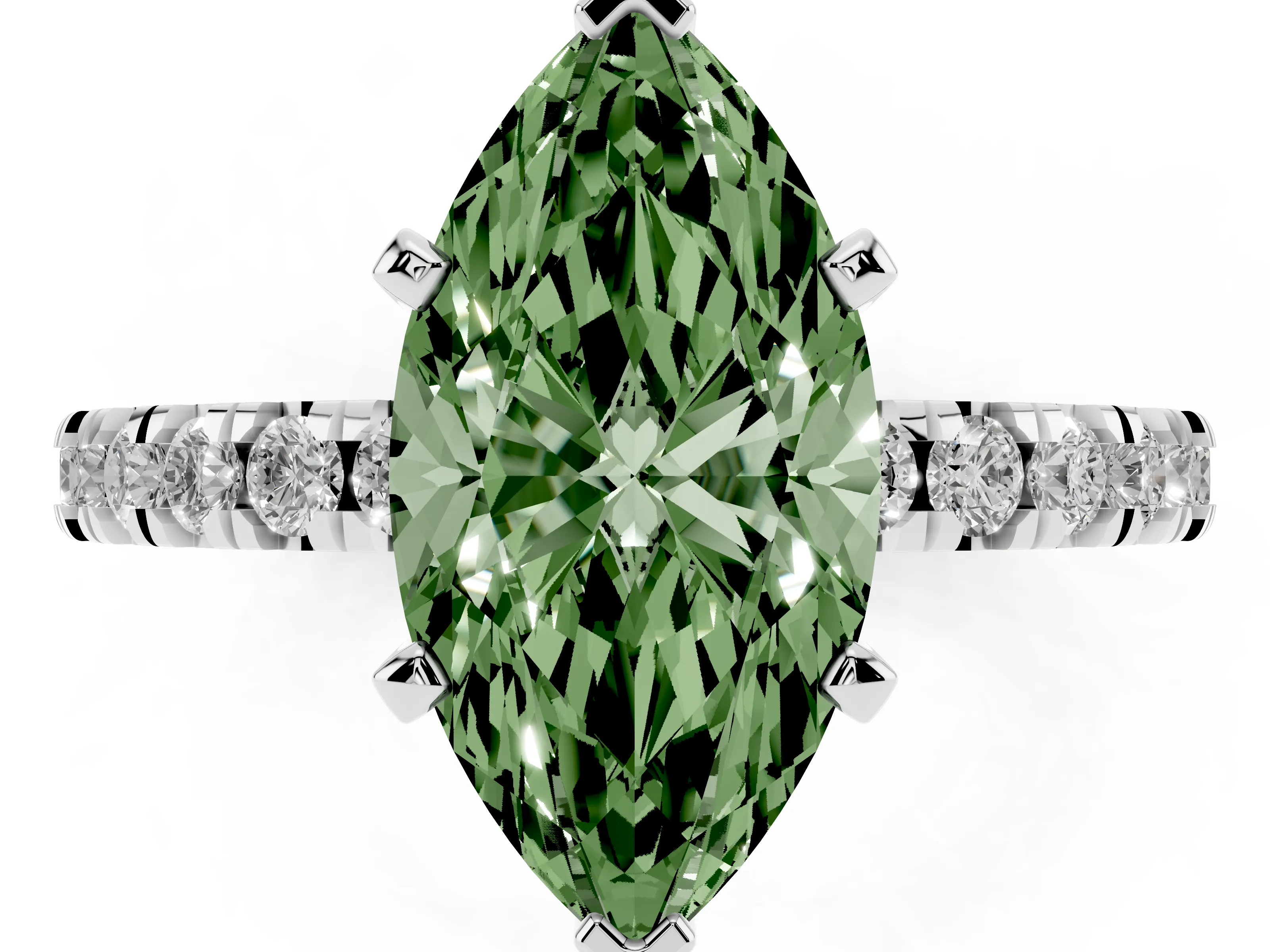 Fancy Green Marquise Cut Diamond Pavé Band Solitaire Set in White gold with Prong Setting