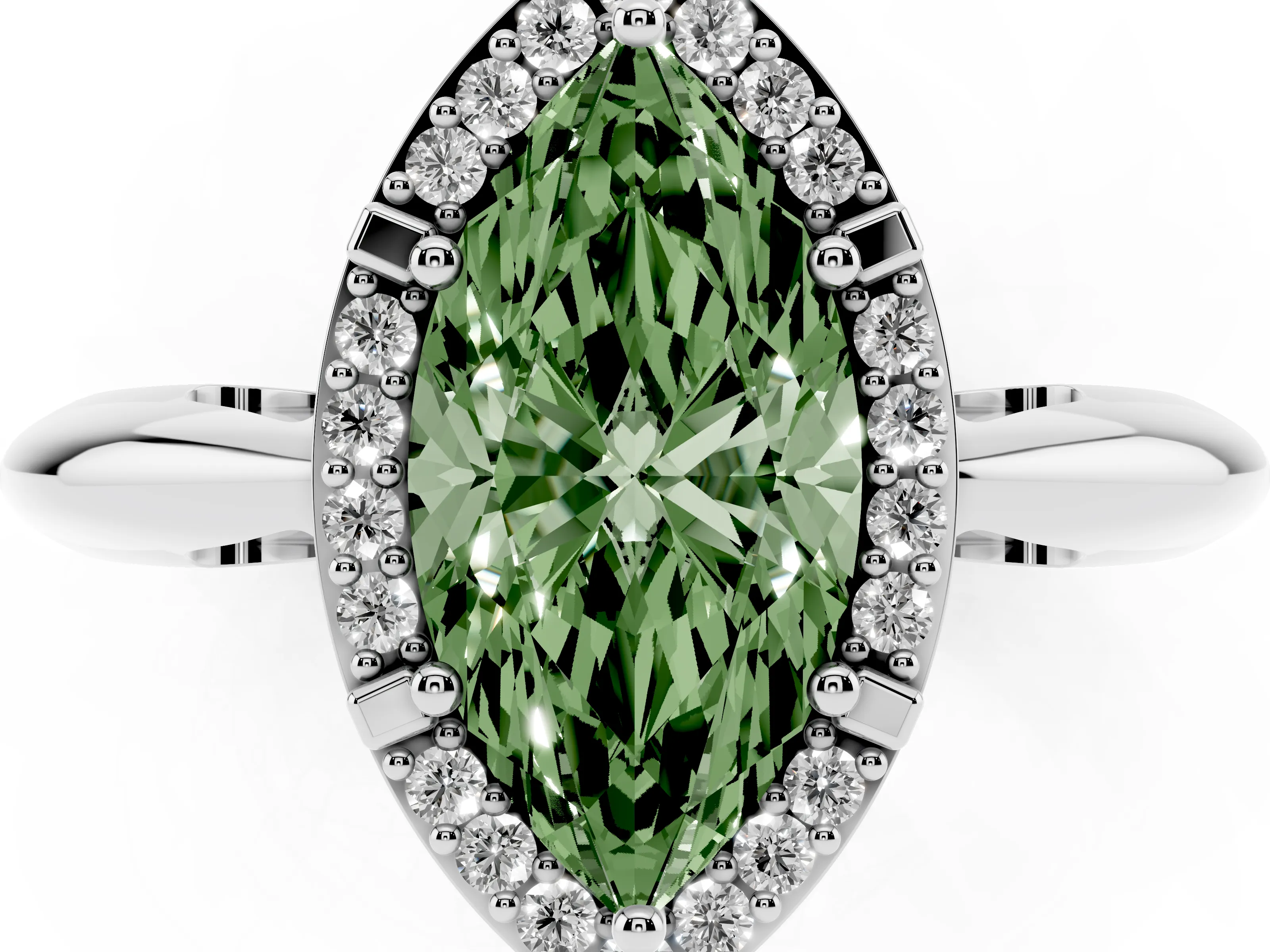 Fancy Green Marquise Cut Diamond Halo Engagement Ring Set in White gold with Plain Split Shank and Prong Setting