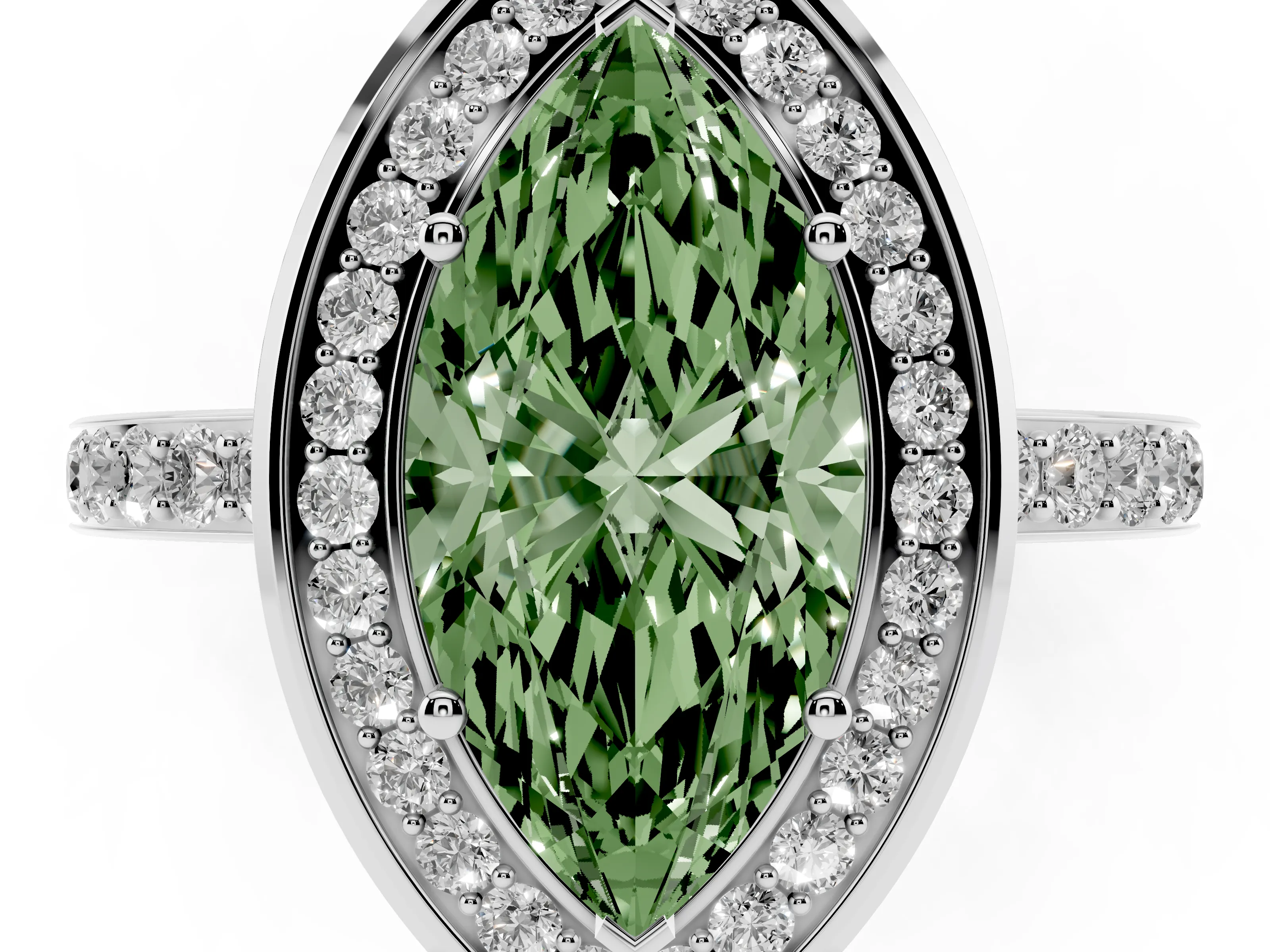 Fancy Green Marquise Cut Diamond Halo Ring Set in Silver with Bezel Frame and Pavé Band