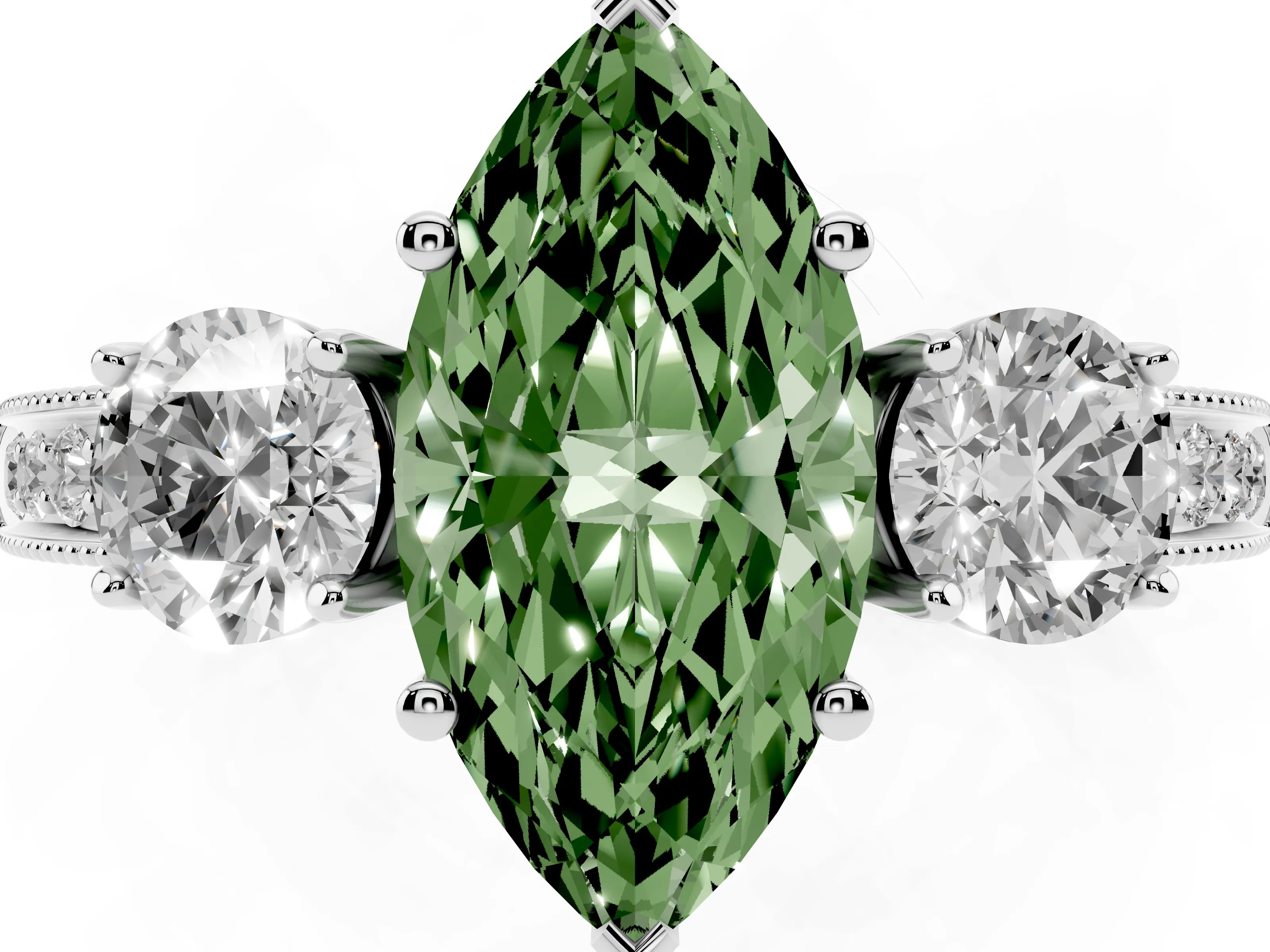 Fancy Green Marquise Cut Diamond Three-Stone Ring Set in Silver with Round Side Stones and Pavé Band