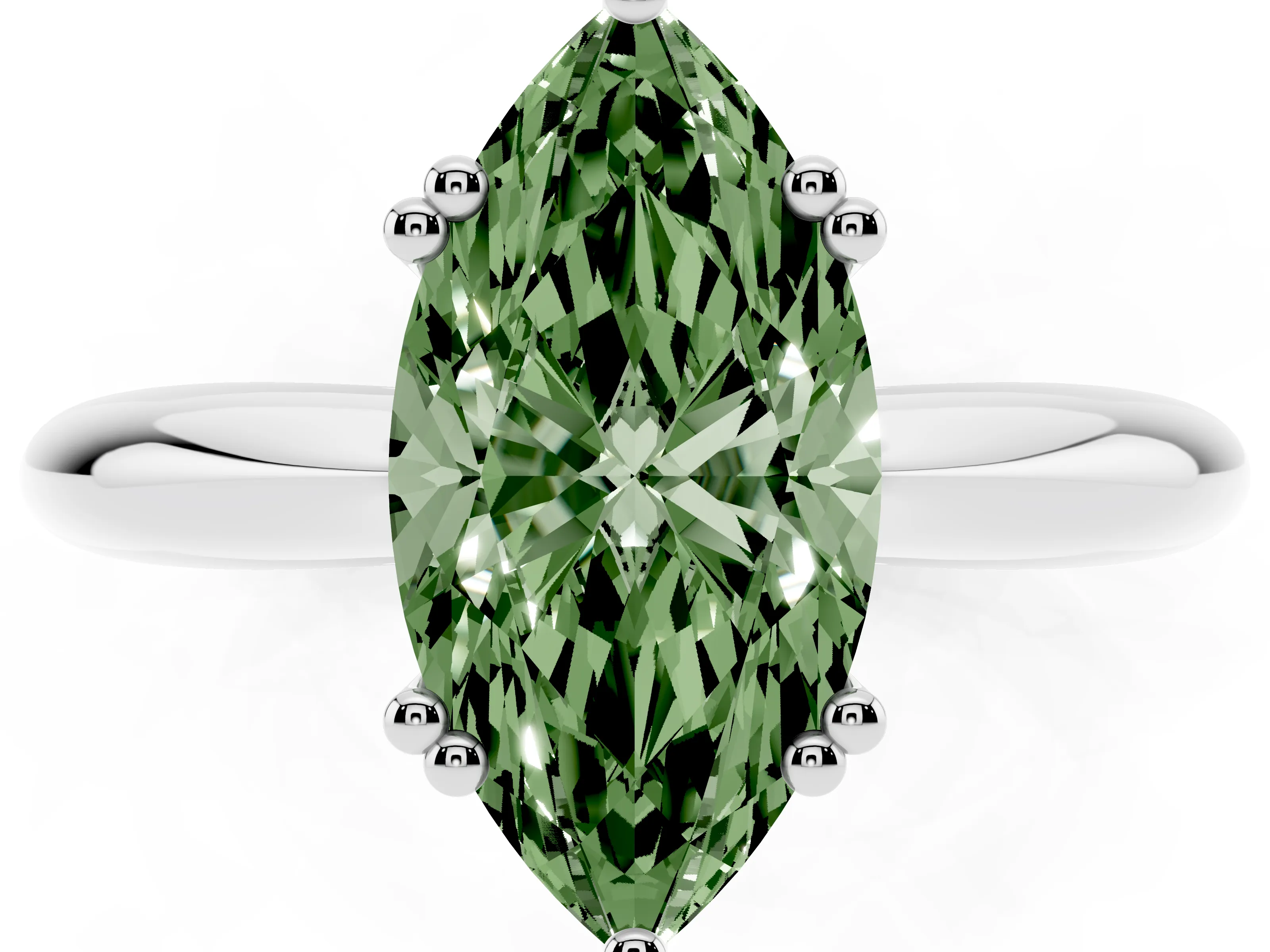 Fancy Green Marquise Cut Diamond Solitaire Engagement Ring Set in White gold with Tapered Band and Prong Setting