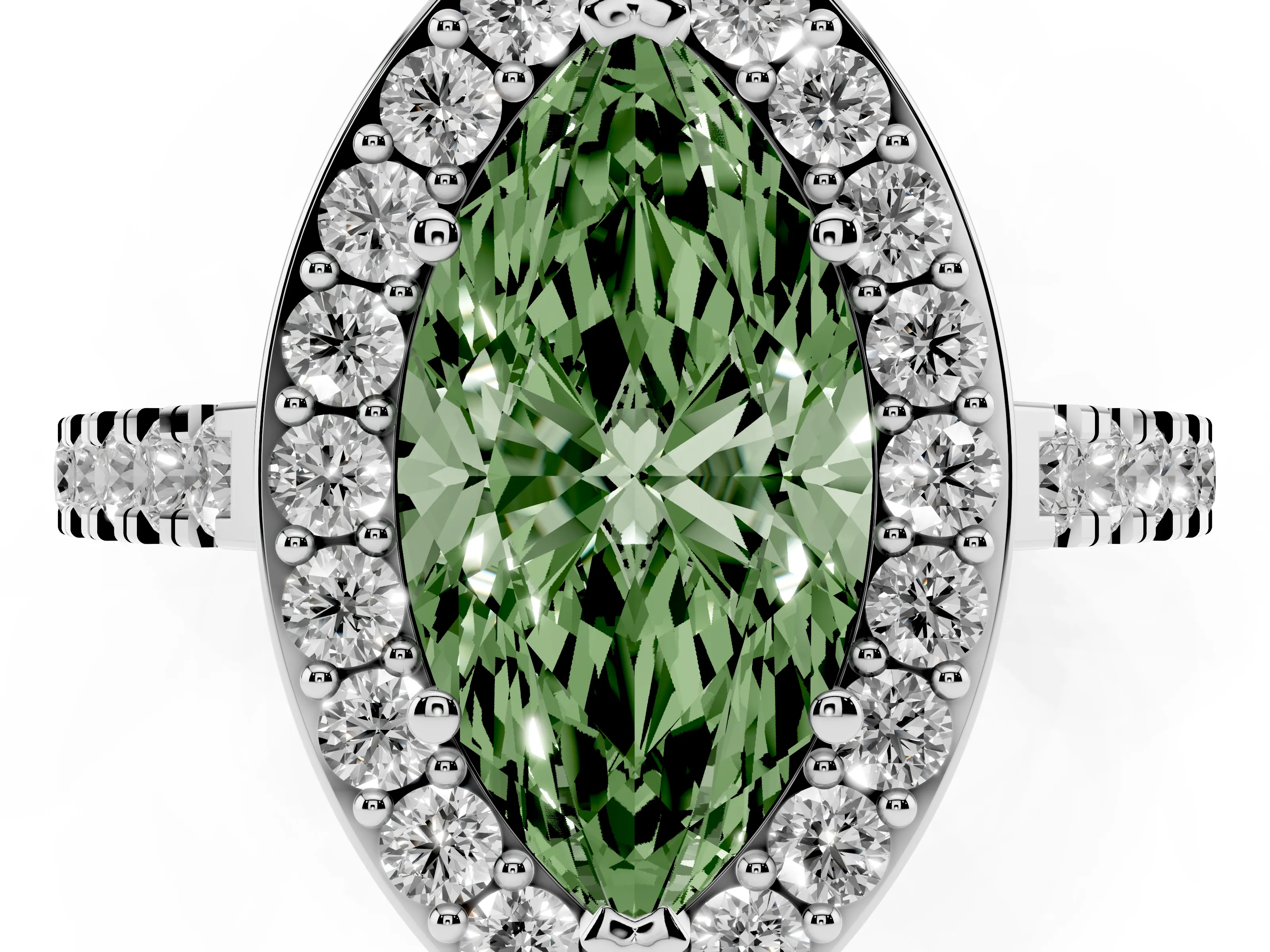 Fancy Green Marquise Cut Diamond Halo Ring Set in Platinum with Round Pavé Split Shank and Prong Setting