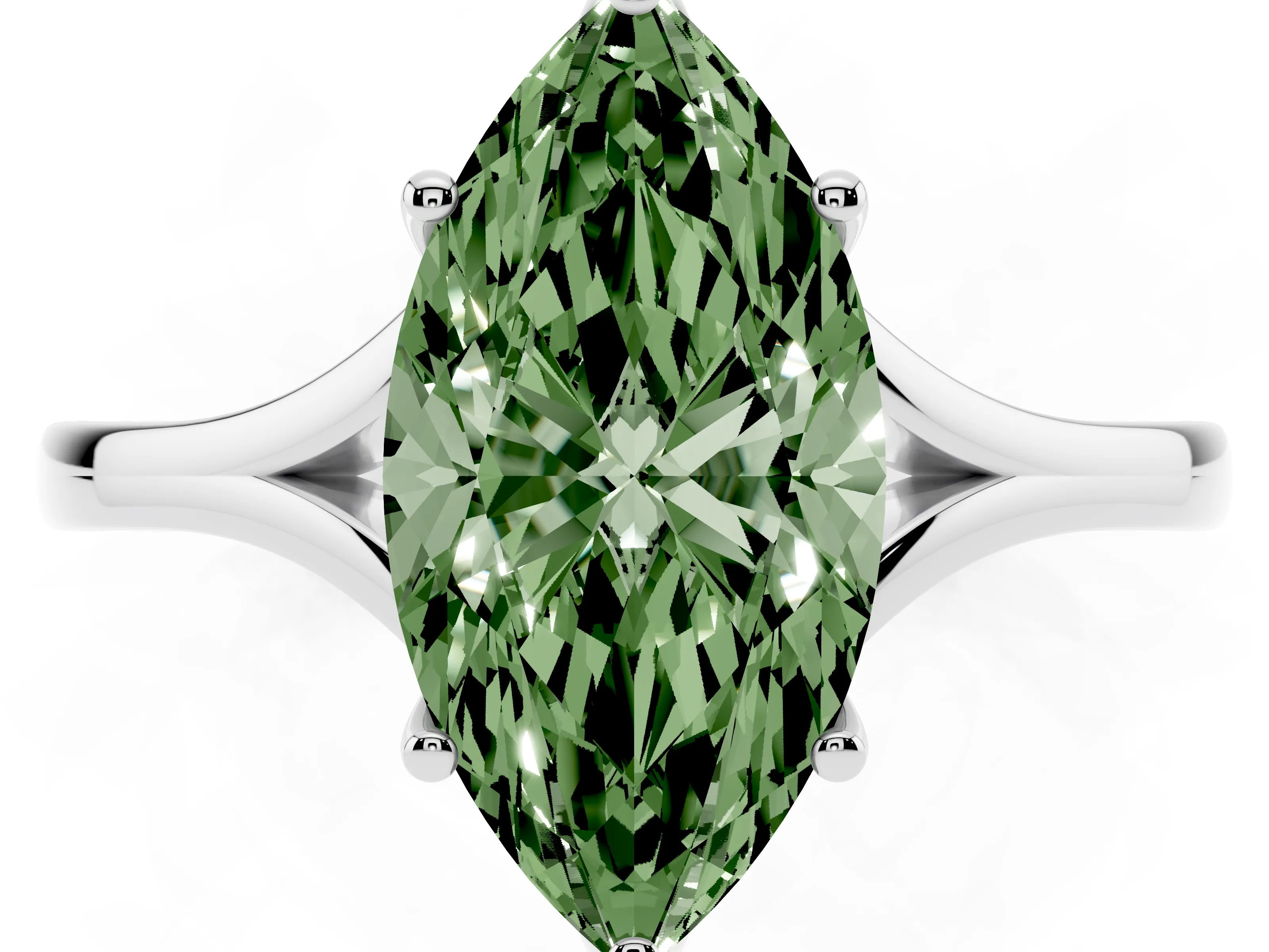 Fancy Green Marquise Cut Diamond Solitaire Ring Set in White gold with Polished Tapered Band and Prong Setting
