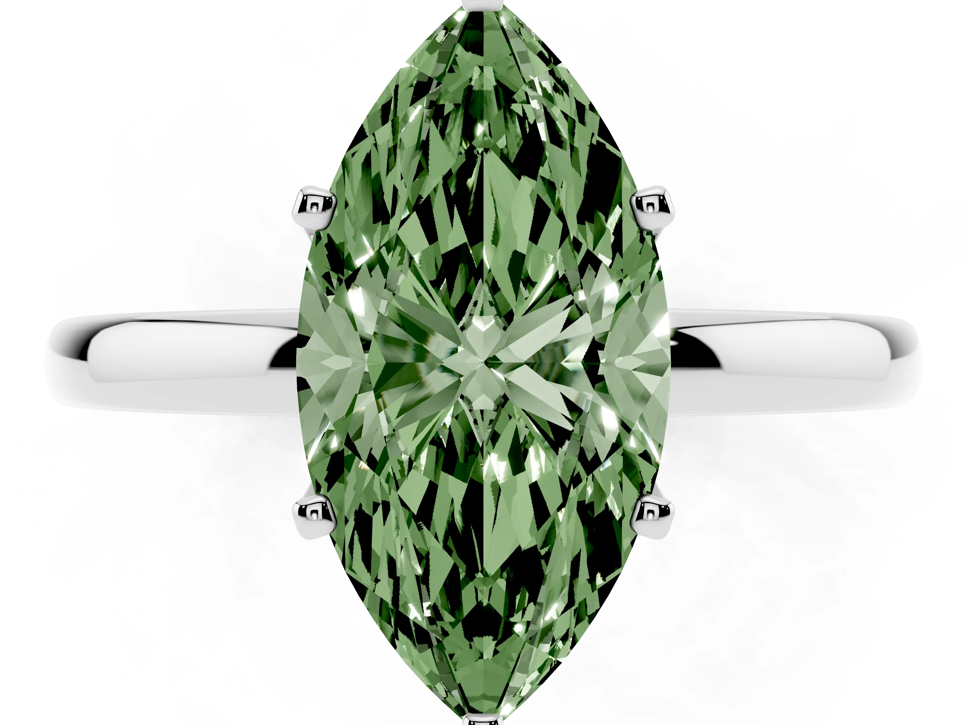 Fancy Green Marquise Cut Diamond Solitaire Ring Set in White gold with Raised Prong Setting on a Classic Band