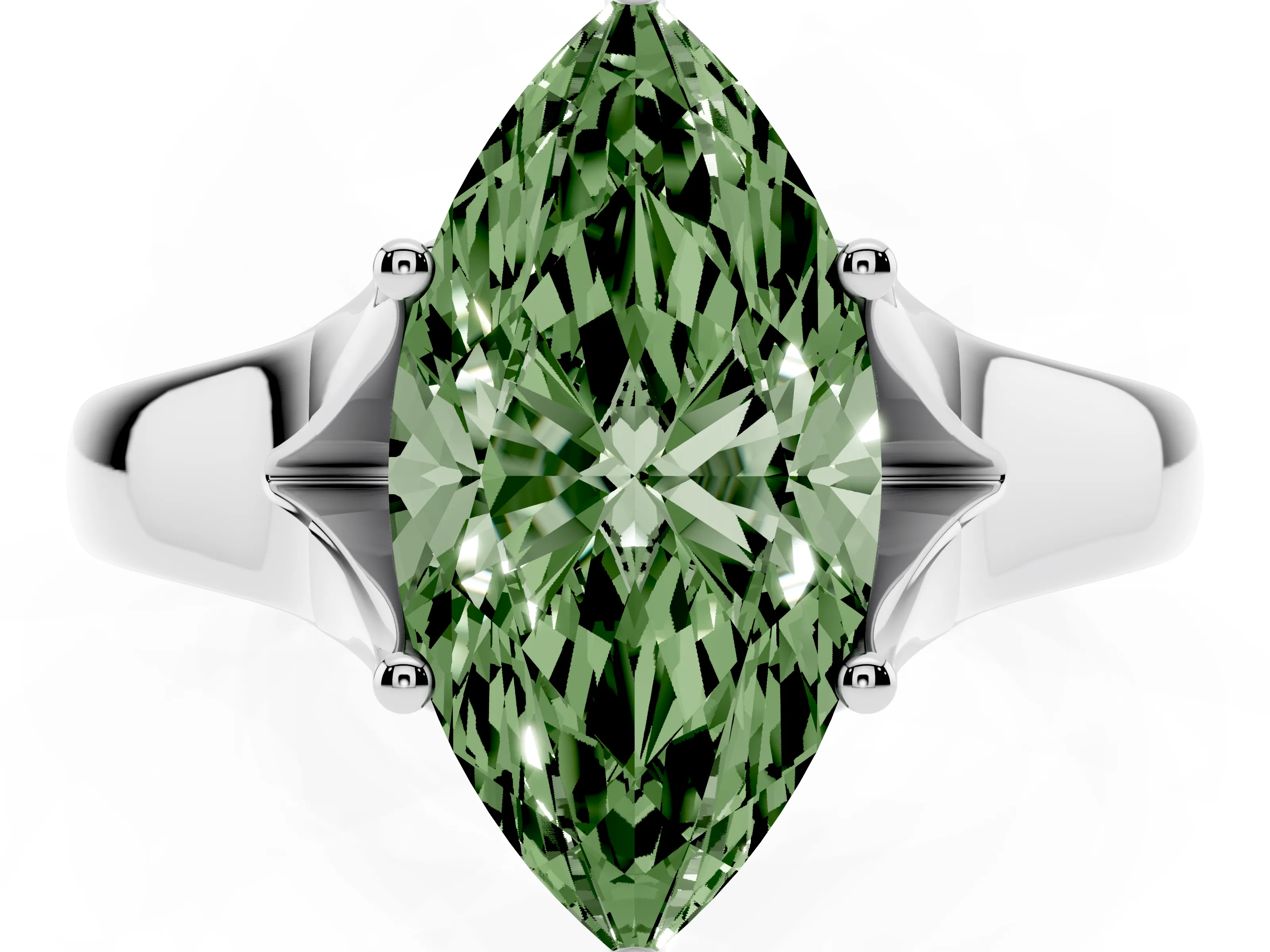 Fancy Green Marquise Cut Diamond Solitaire Ring Set in White gold with Arched Cathedral Band and Prong Setting