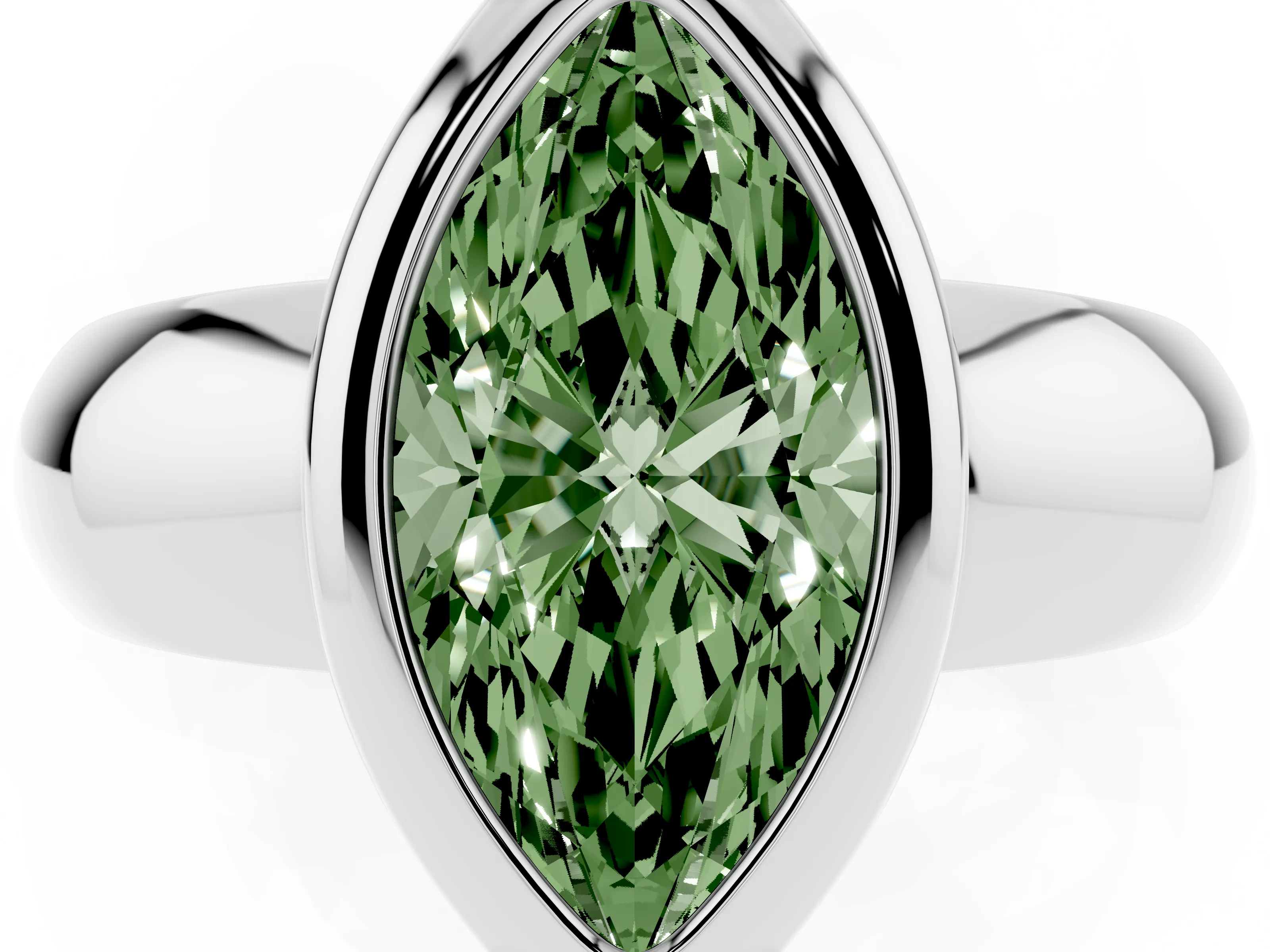 Fancy Green Bezel Set Marquise Cut Diamond Solitaire Ring Set in Silver with Wide Band