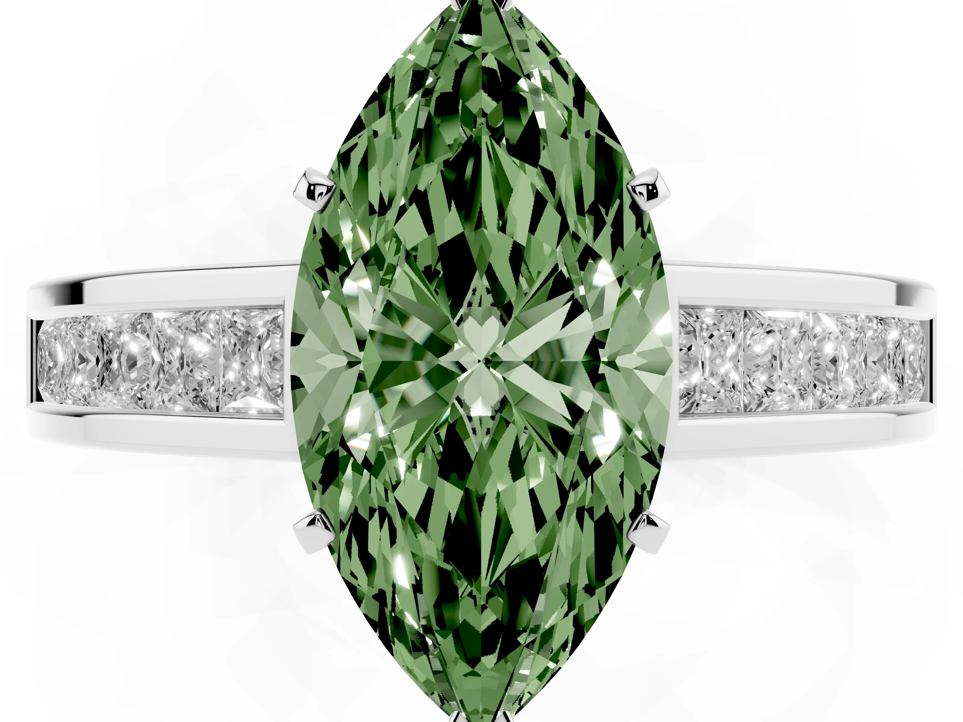 Fancy Green Marquise Cut Diamond Solitaire Ring Set in Silver with Channel-Set Band and Prong Setting