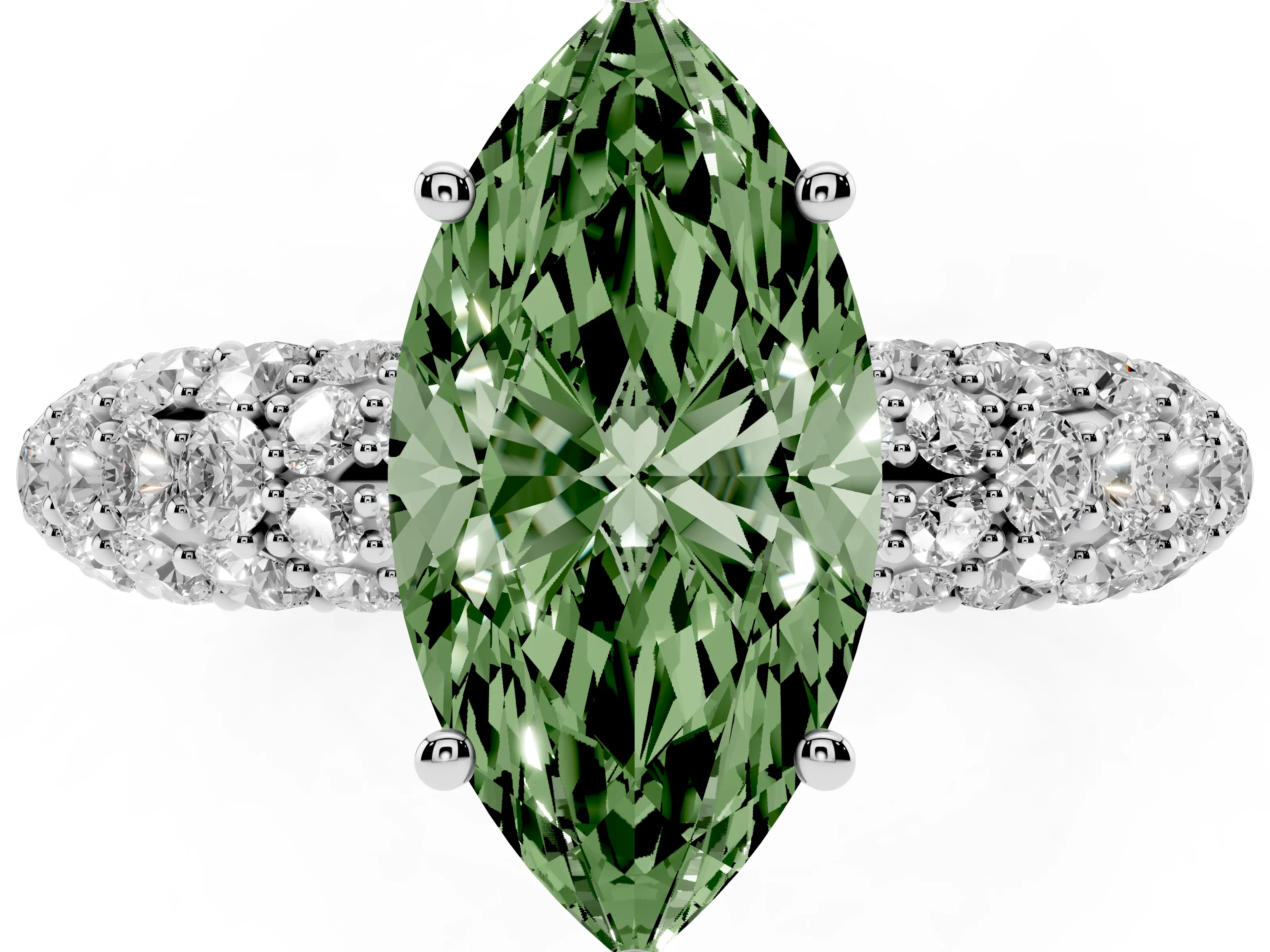 Fancy Green Marquise Cut Diamond Pavé Band Solitaire Ring Set in White gold with Close-Set Accent Stones and Prong Setting