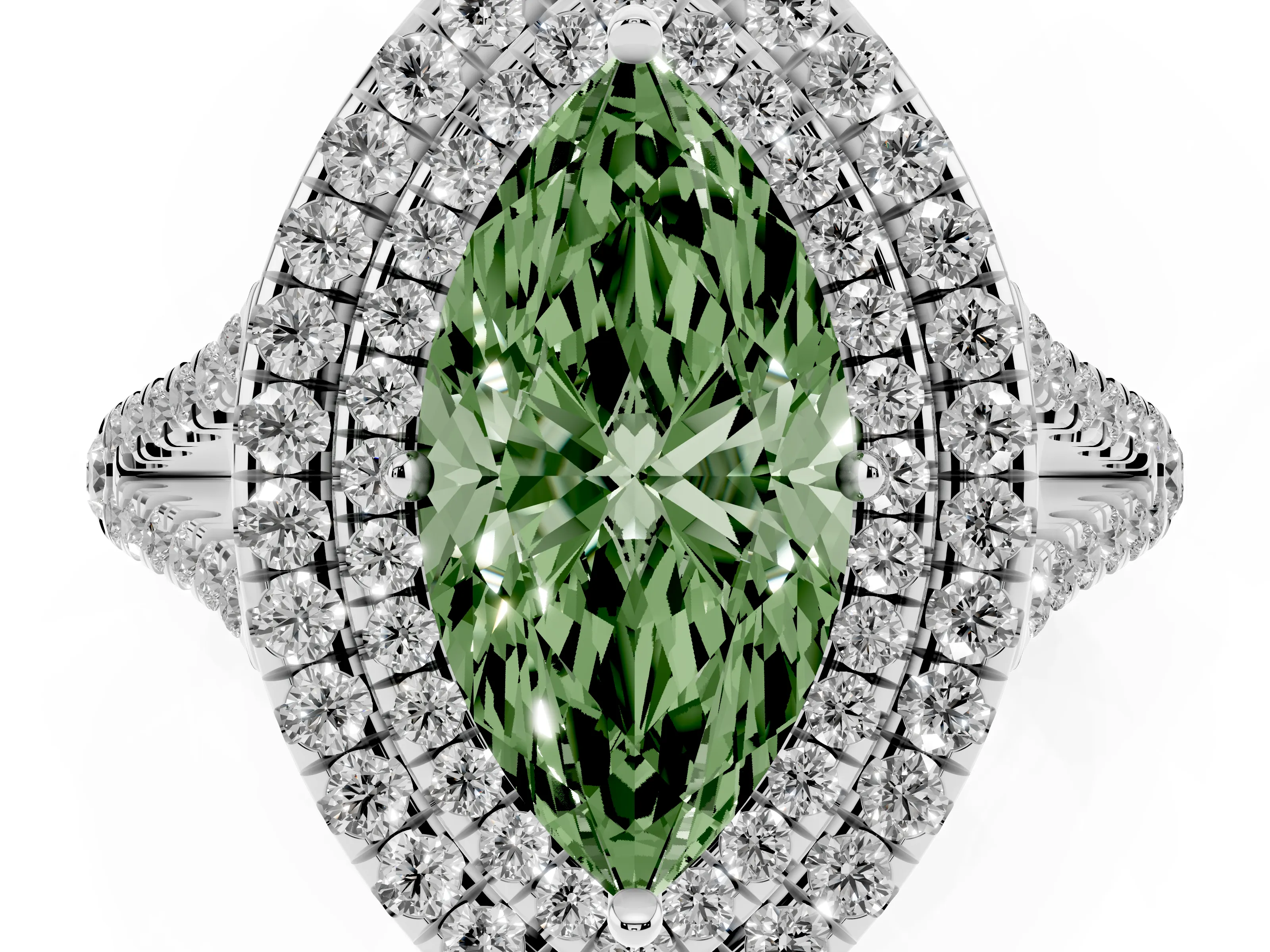 Fancy Green Marquise Cut Diamond Double Halo Ring Set in White gold with Pavé Band