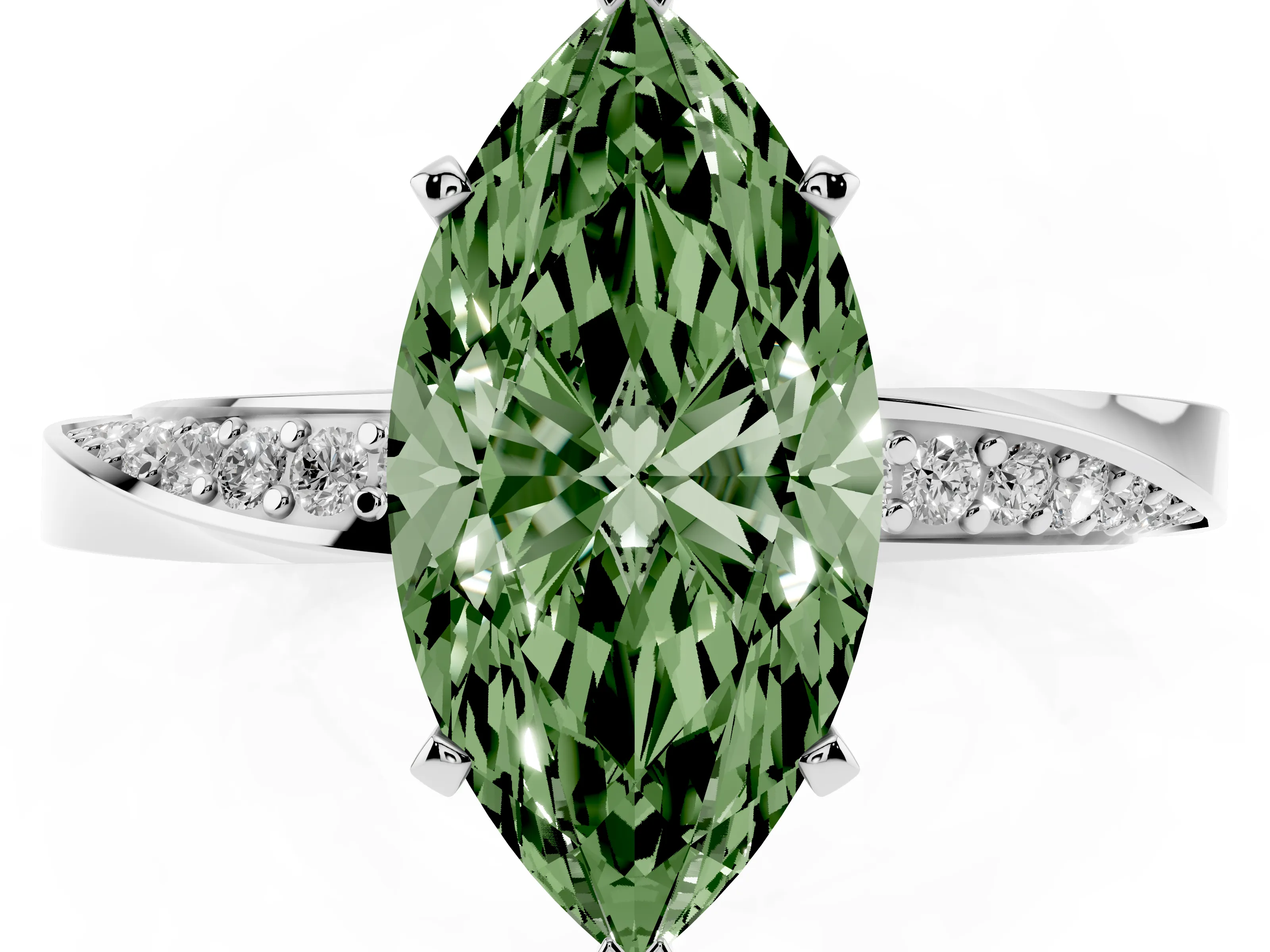 Fancy Green Marquise Cut Diamond Engagement Ring Set in White gold with Side Stone Accents and Prong Setting