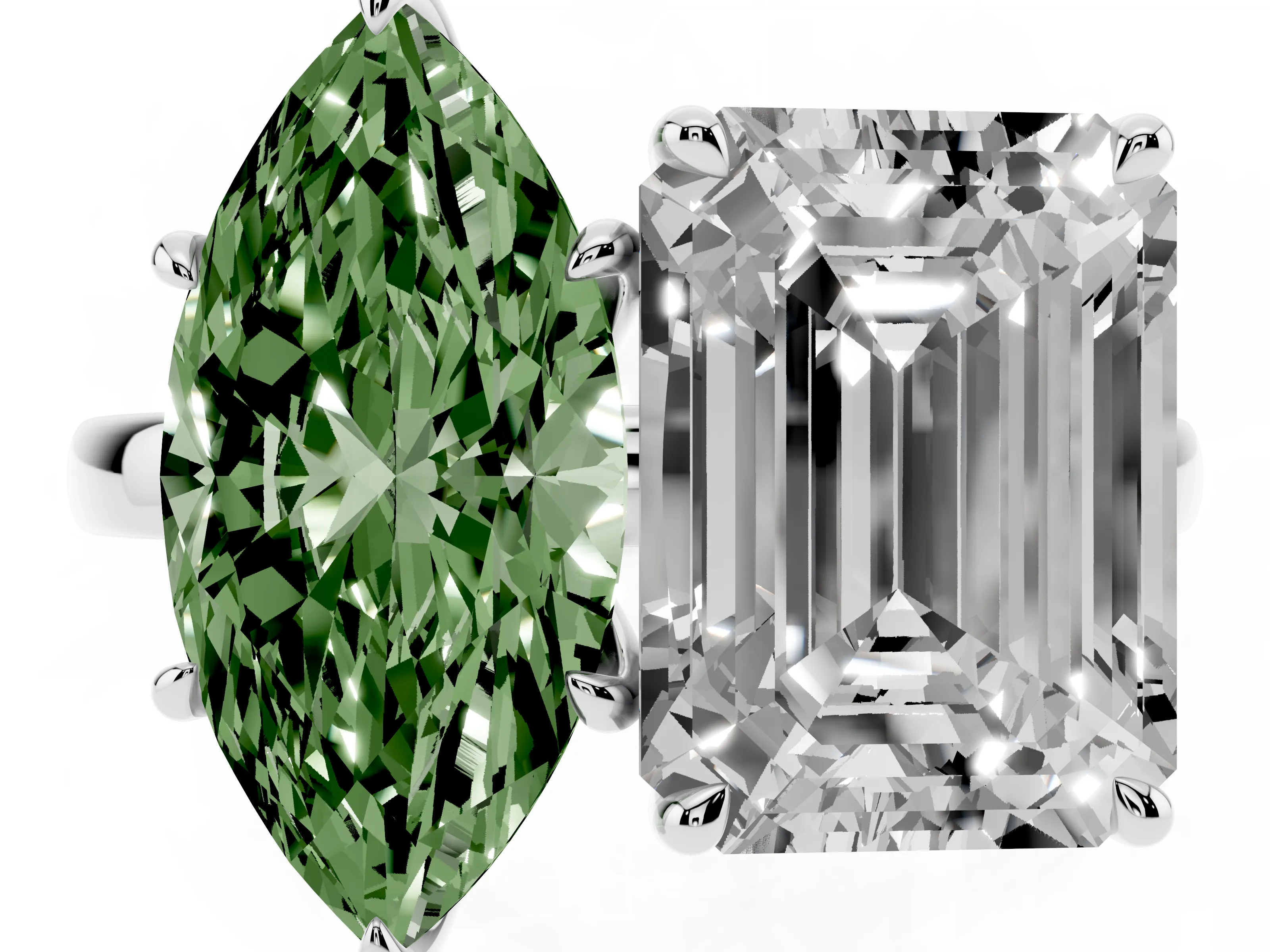 Fancy Green Marquise Cut and Emerald Cut Toi Moi Ring Set in Platinum with Prong Setting