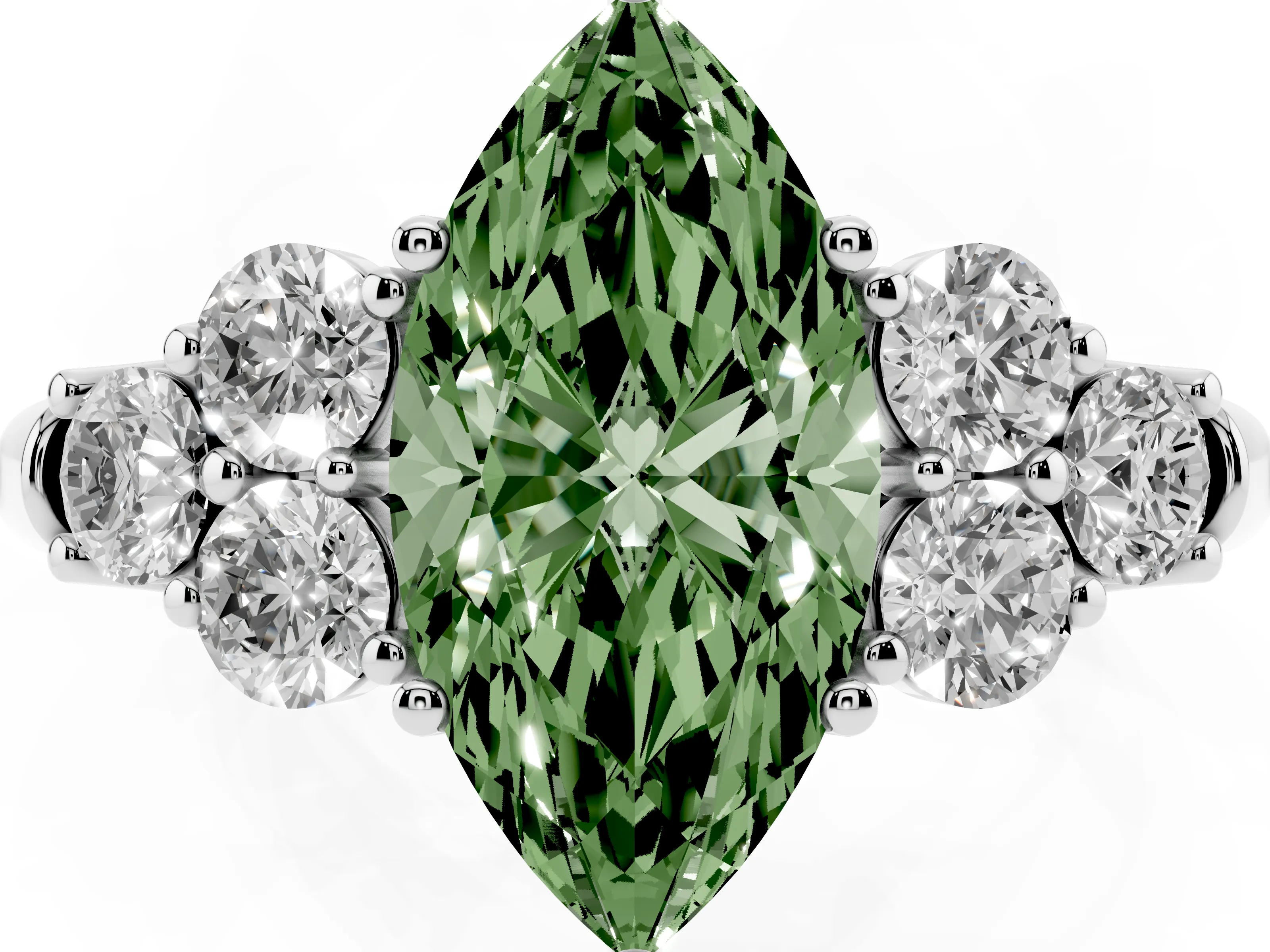 Fancy Green Marquise Cut Diamond Cluster Ring Set in Platinum with Round Accent Stones and Prong Setting on a Plain Band