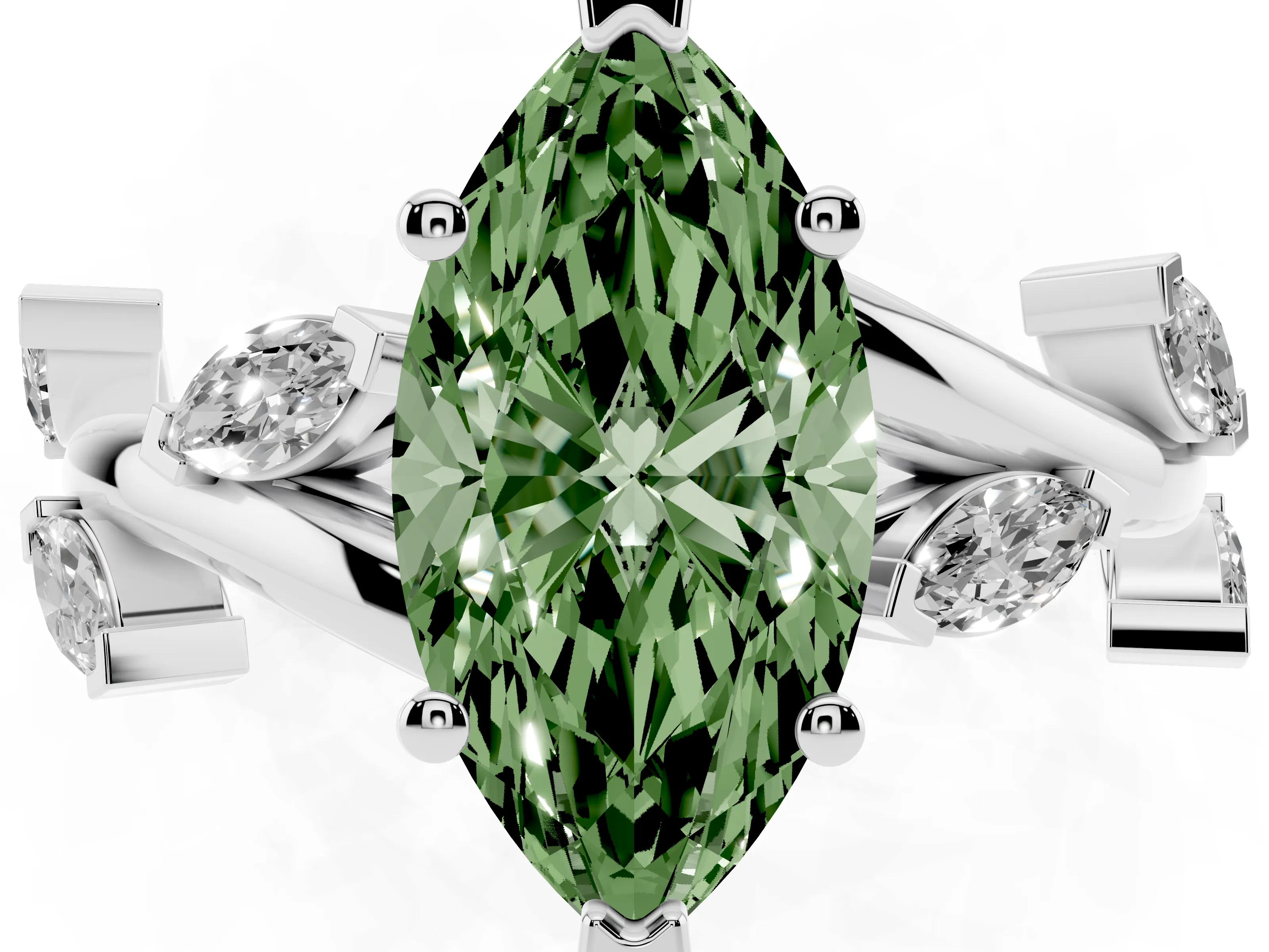 Fancy Green Marquise Cut Diamond Solitaire Ring Set in White gold with Twisted Marquise Accent Band