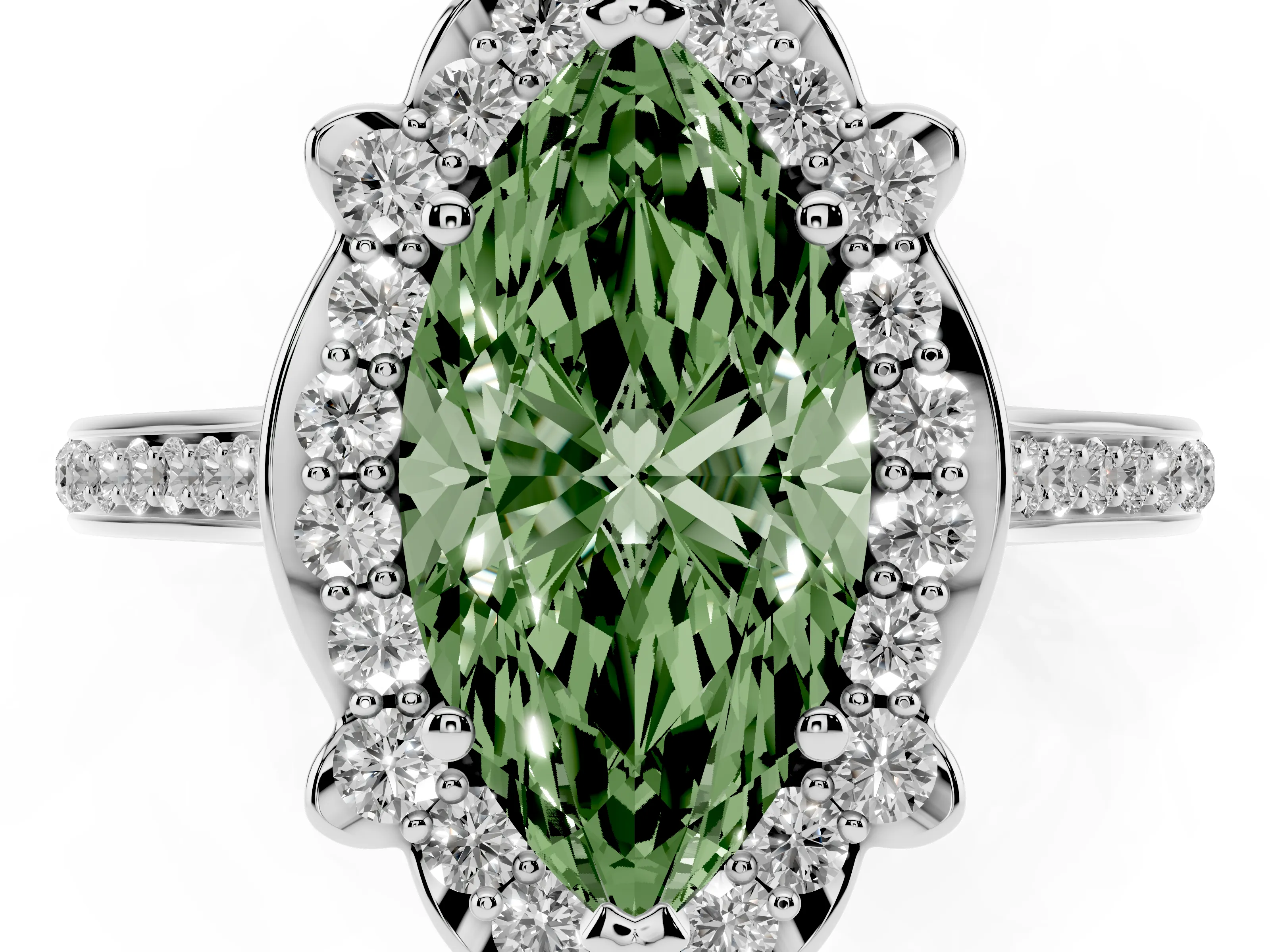 Fancy Green Marquise Cut Diamond Halo Ring Set in White gold with Pavé-Lined Shoulders and Prong Setting