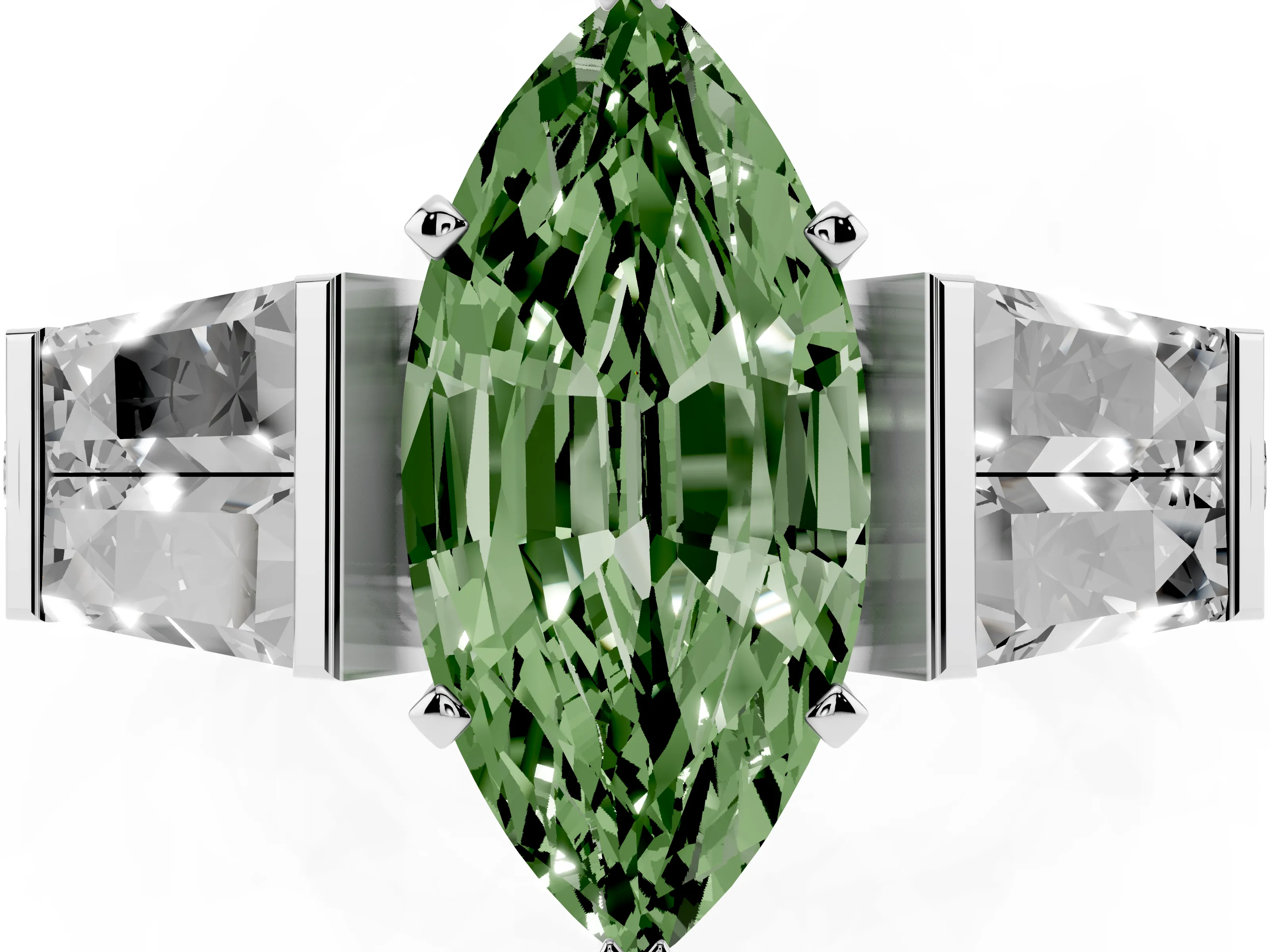 Fancy Green Marquise Cut Diamond Engagement Ring Set in White gold with Baguette Side Stones and Channel Set Band