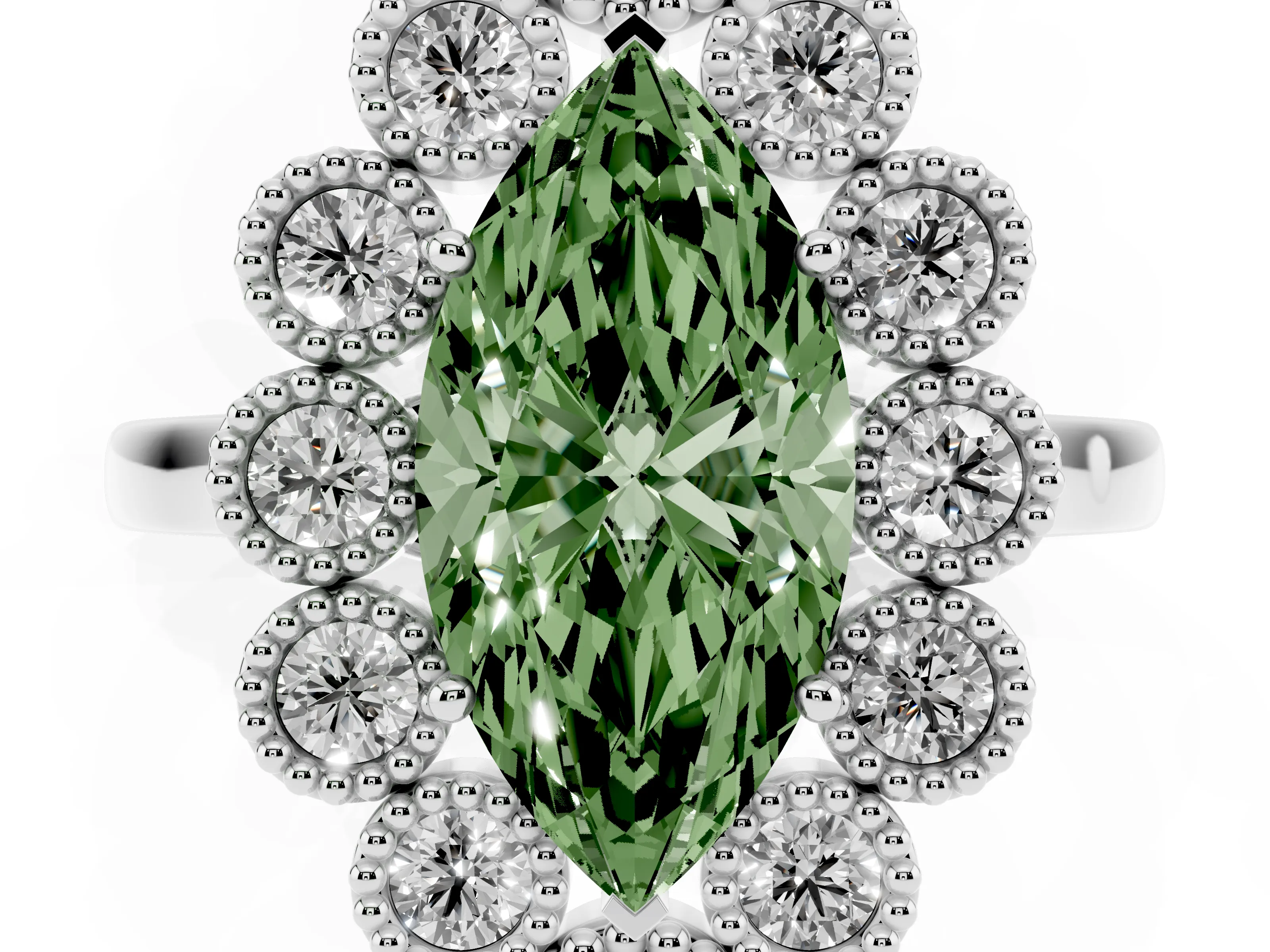 Fancy Green Marquise Cut Diamond Cluster Halo Ring Set in White gold with Milgrain Bezel Accents and Plain Band