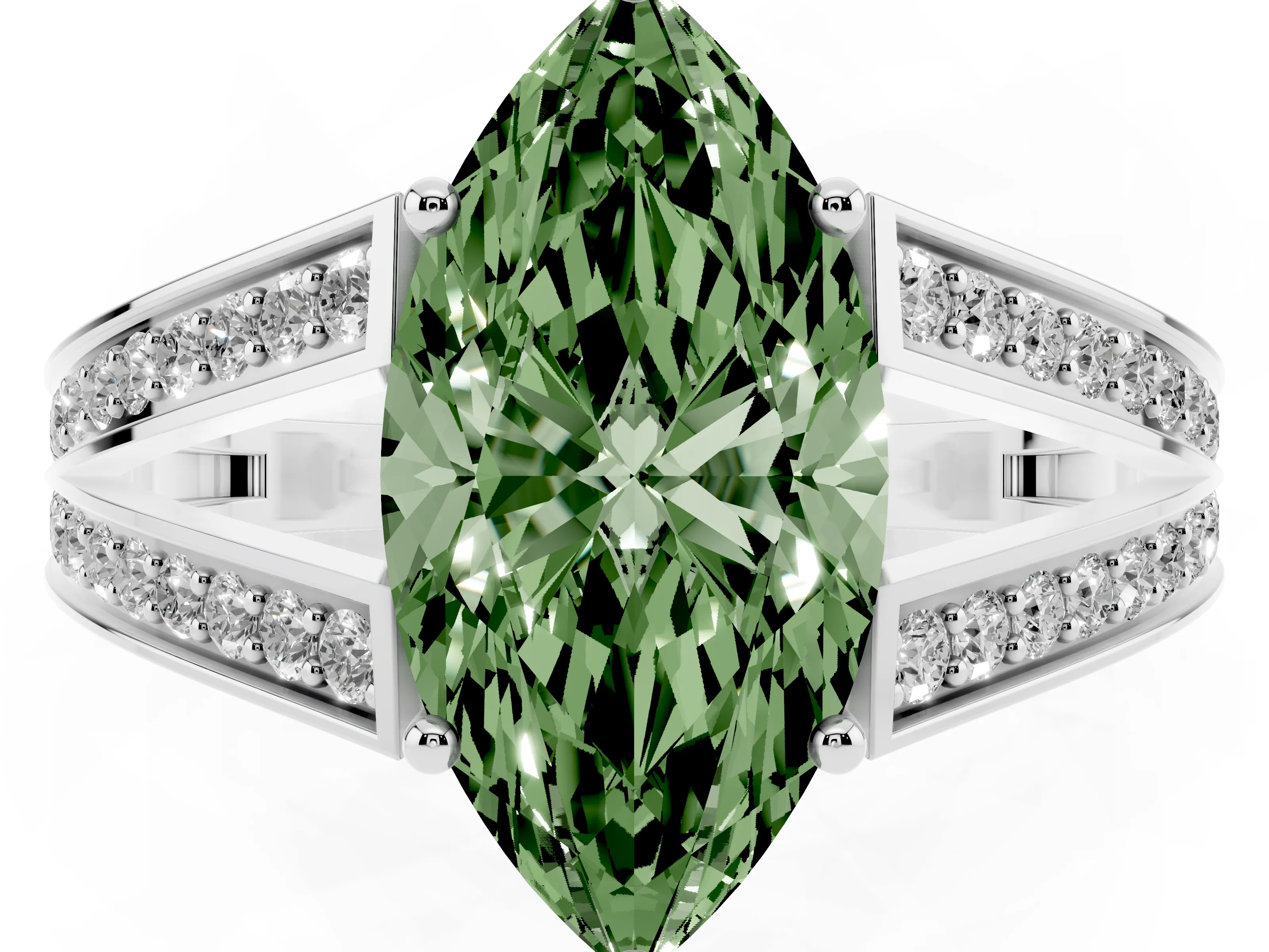 Fancy Green Marquise Cut Diamond Split Shank Ring Set in Platinum with Pavé Band and Prong Setting