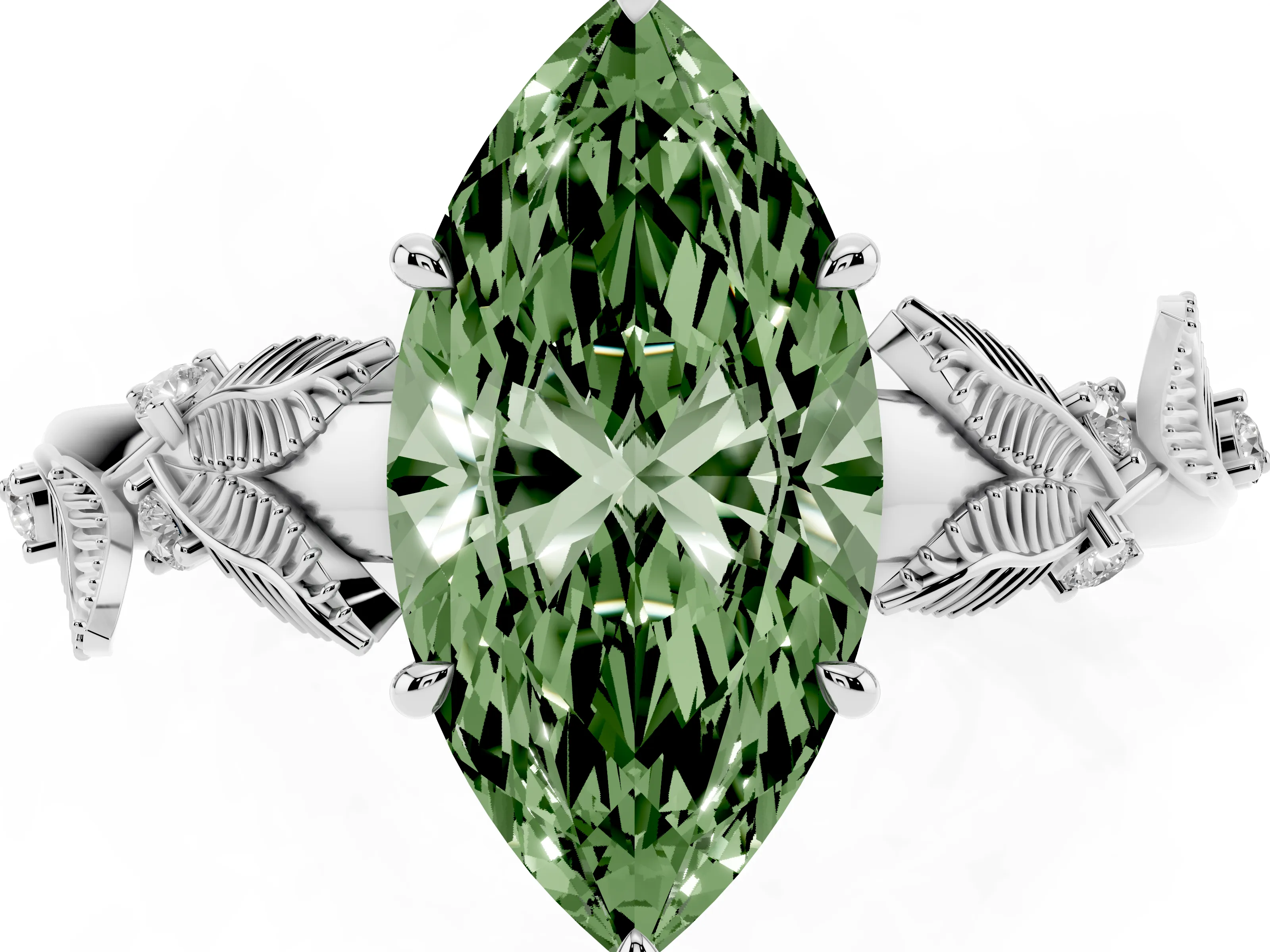 Fancy Green Marquise Cut Diamond Solitaire Ring Set in White gold with Leaf Motif Band