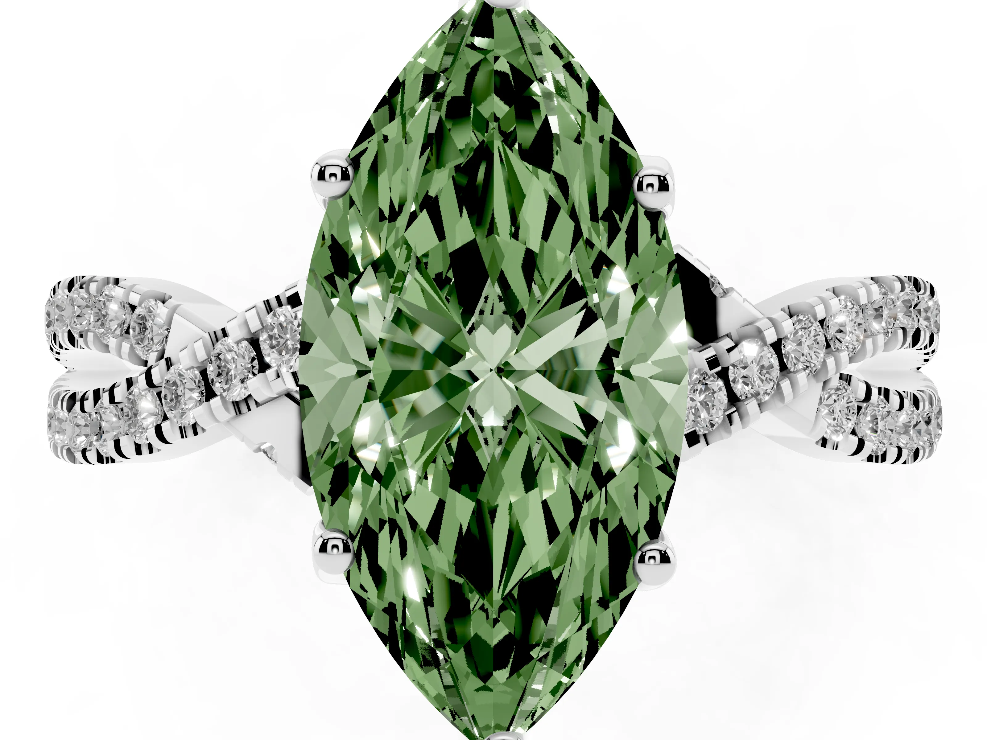 Fancy Green Marquise Cut Diamond Twist Pavé Solitaire Engagement Ring Set in White gold with Prong Setting