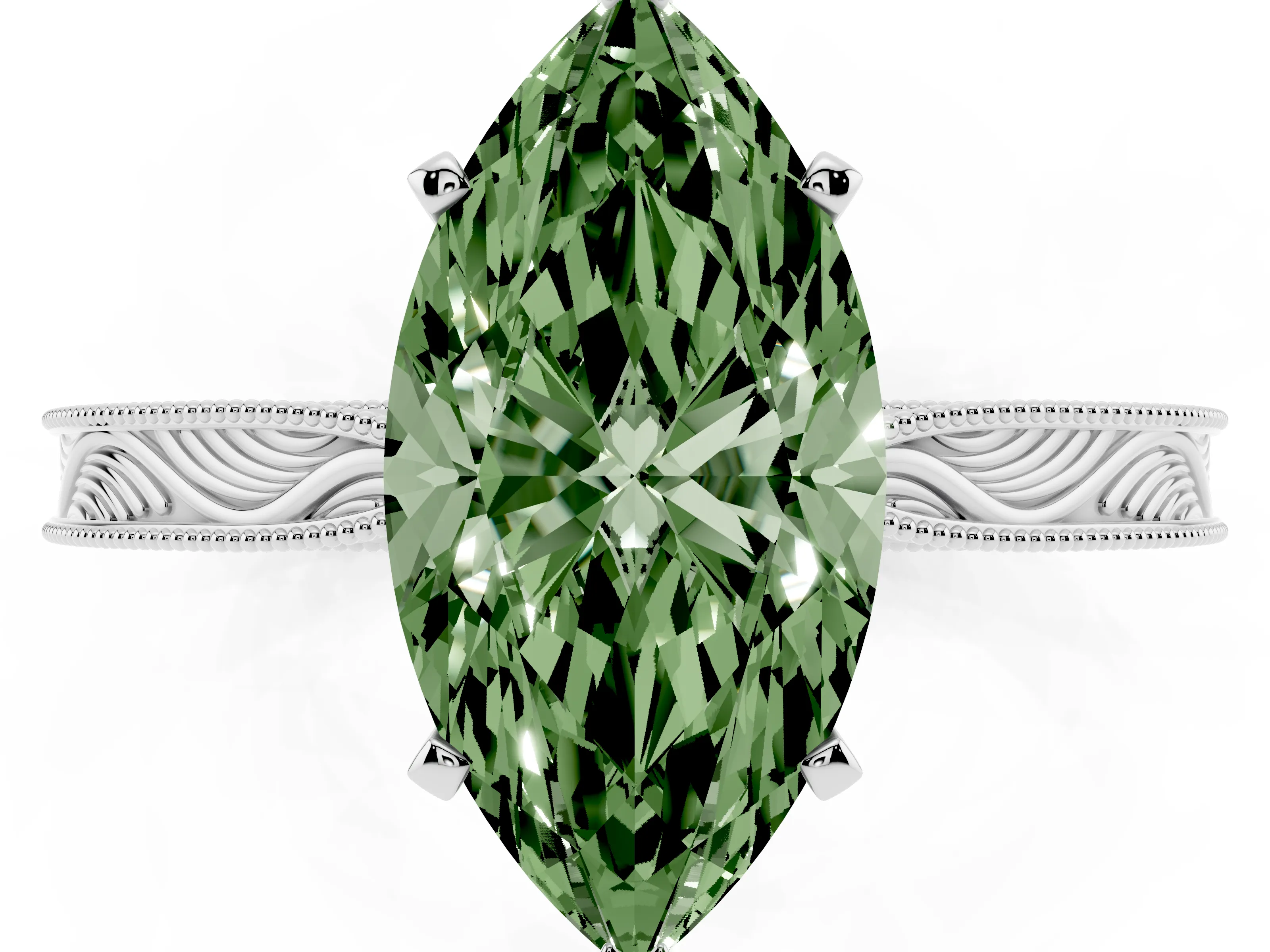 Fancy Green Marquise Cut Diamond Solitaire Milgrain Engraved Band Set in White gold with Prong Setting