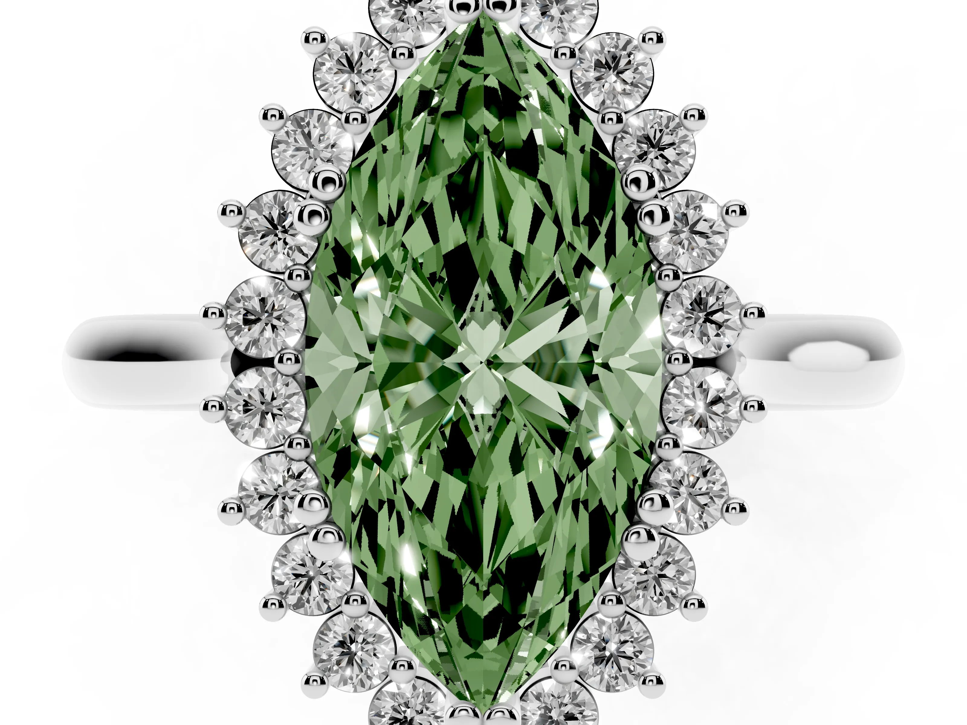 Fancy Green Marquise Cut Diamond Halo Ring Set in Silver with Plain Solitaire Band and Prong Setting