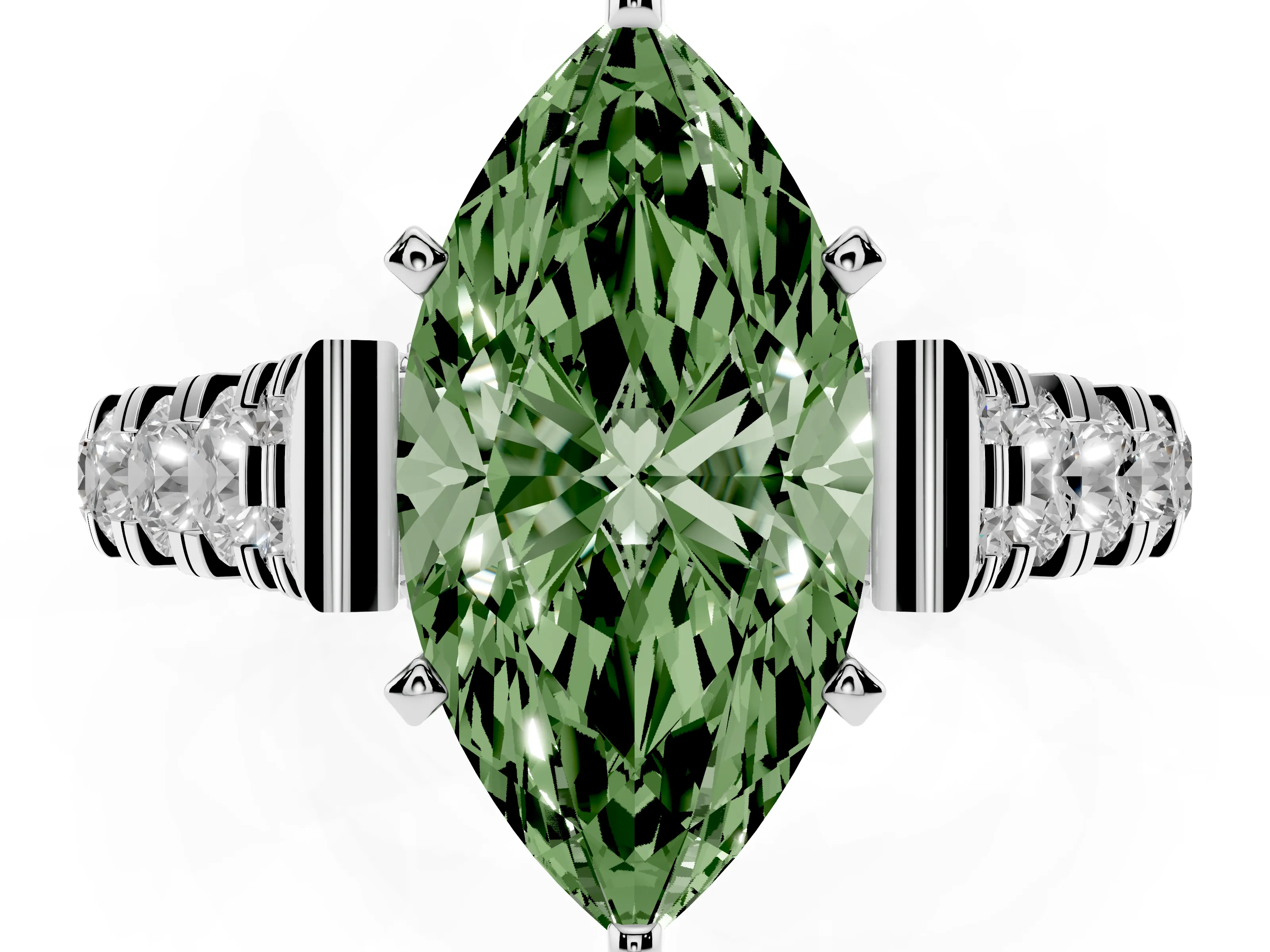 Fancy Green Marquise Cut Diamond Classic Solitaire Ring Set in Silver with Pavé Band and Prong Setting