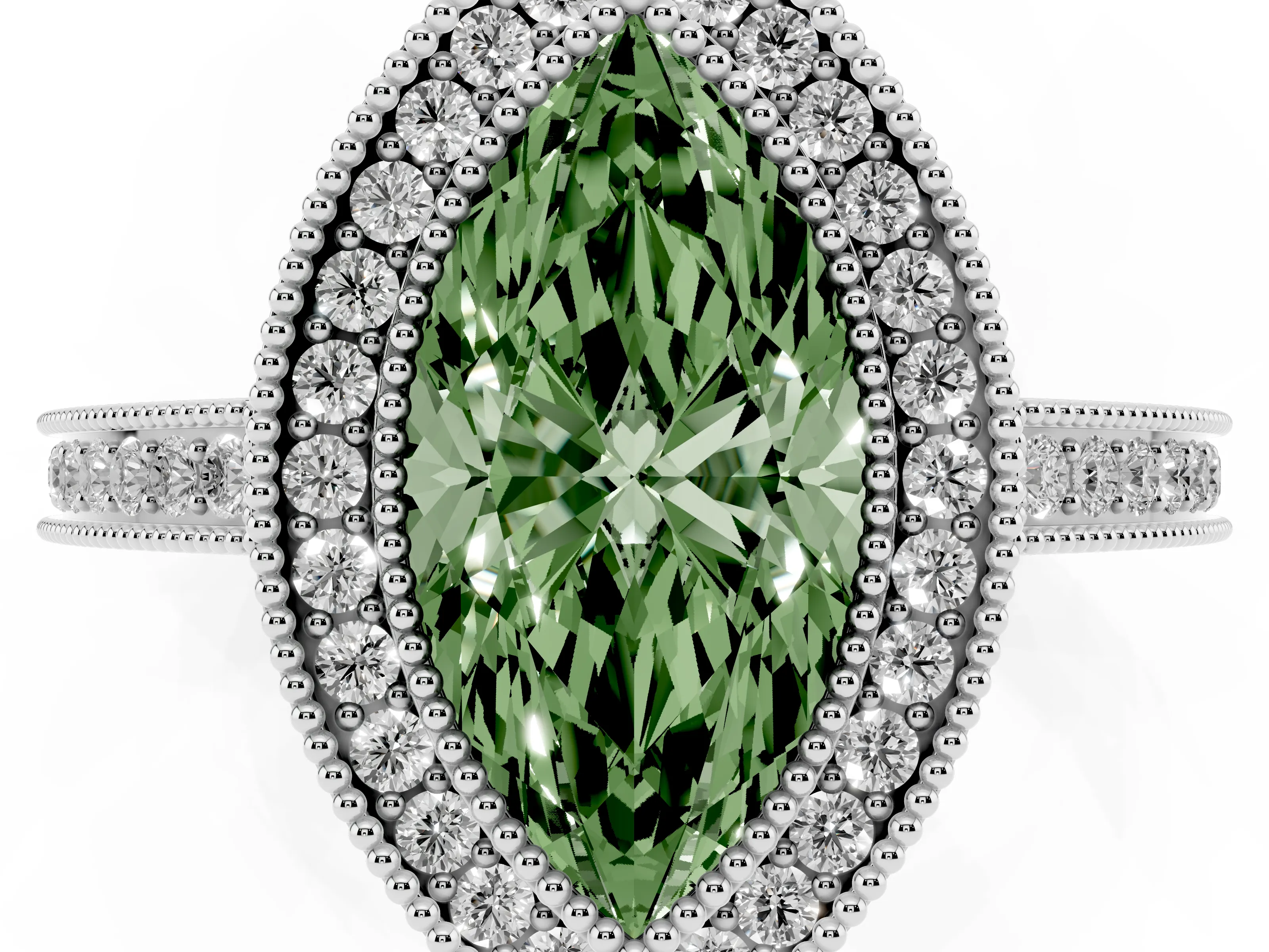 Fancy Green Marquise Cut Diamond Halo Ring Set in White gold with Pavé Band and Milgrain-Edged Prongs