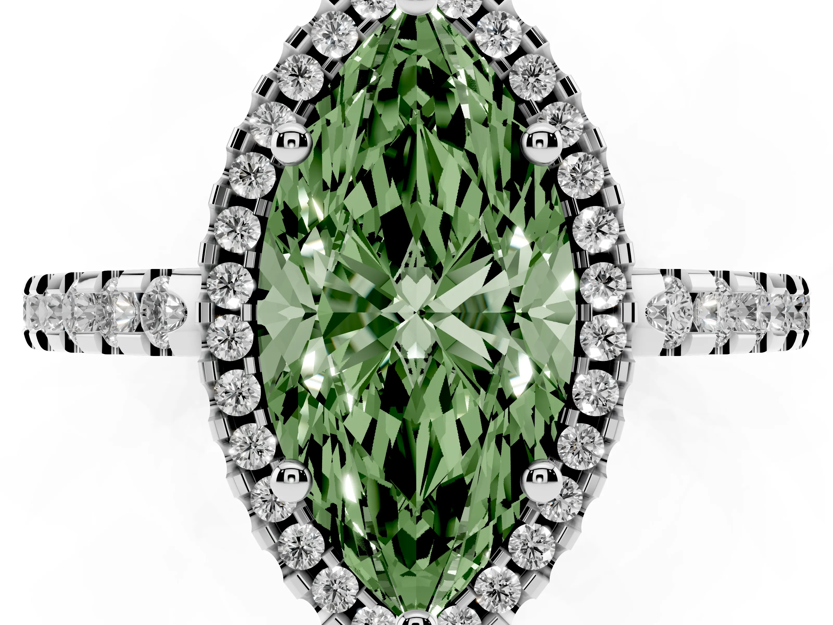 Fancy Green Marquise Cut Diamond Halo Ring Set in White gold with Pavé Shoulders and Halo-Framed Center