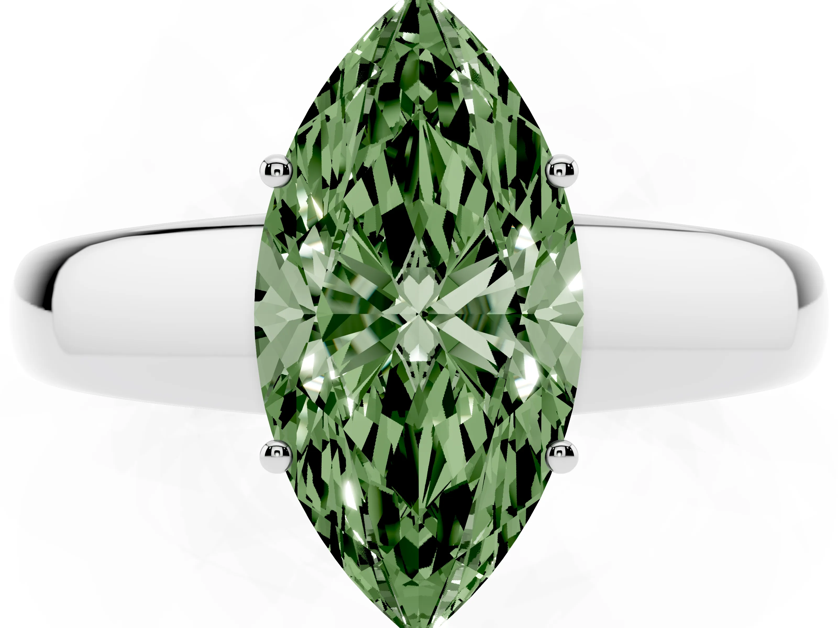 Fancy Green Marquise Cut Diamond Solitaire Ring Set in Platinum with Tapered Band and Prong Setting