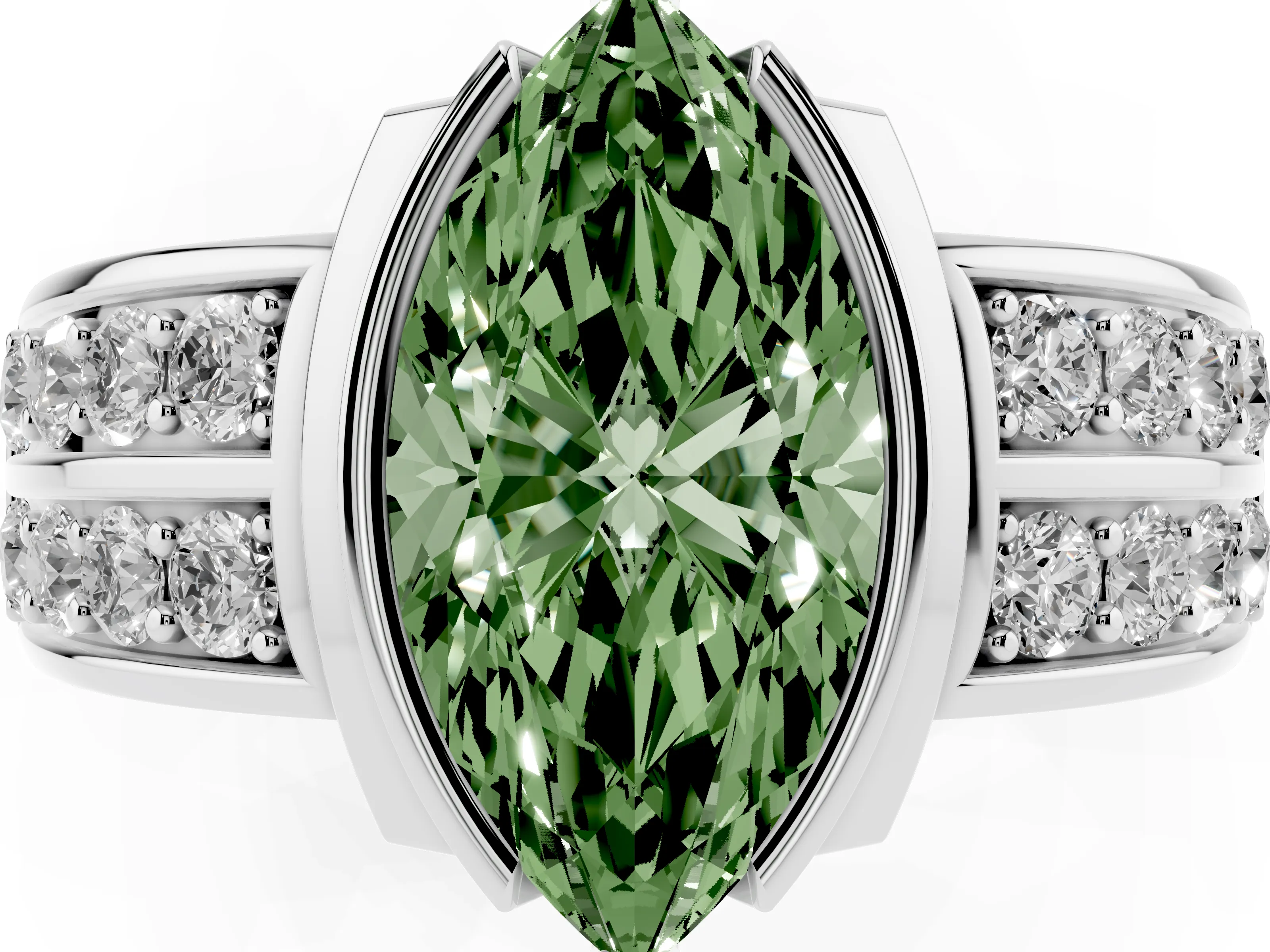 Fancy Green Marquise Cut Diamond Wide Channel Set Band Ring Set in Silver with Bezel Setting