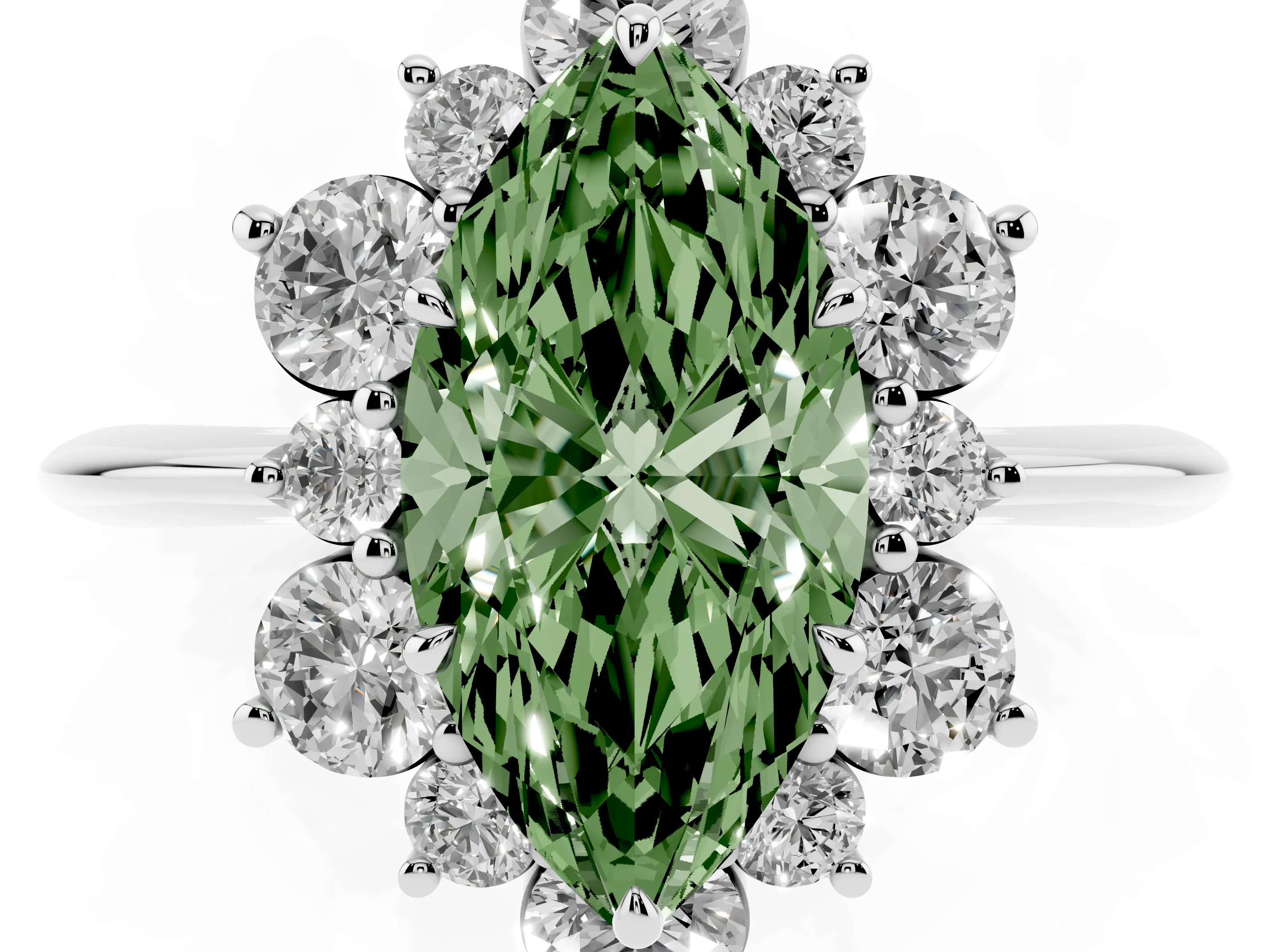 Fancy Green Marquise Cut Diamond Cluster Halo Ring Set in White gold with Solitaire Band and Prong Setting
