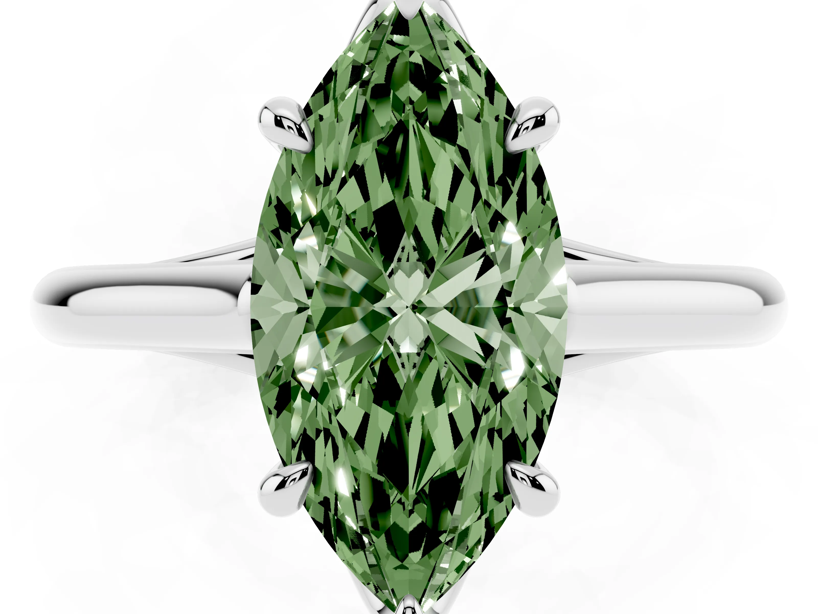 Fancy Green Marquise Cut Diamond Solitaire Engagement Ring Set in Platinum with Prong Setting and Plain Classic Band