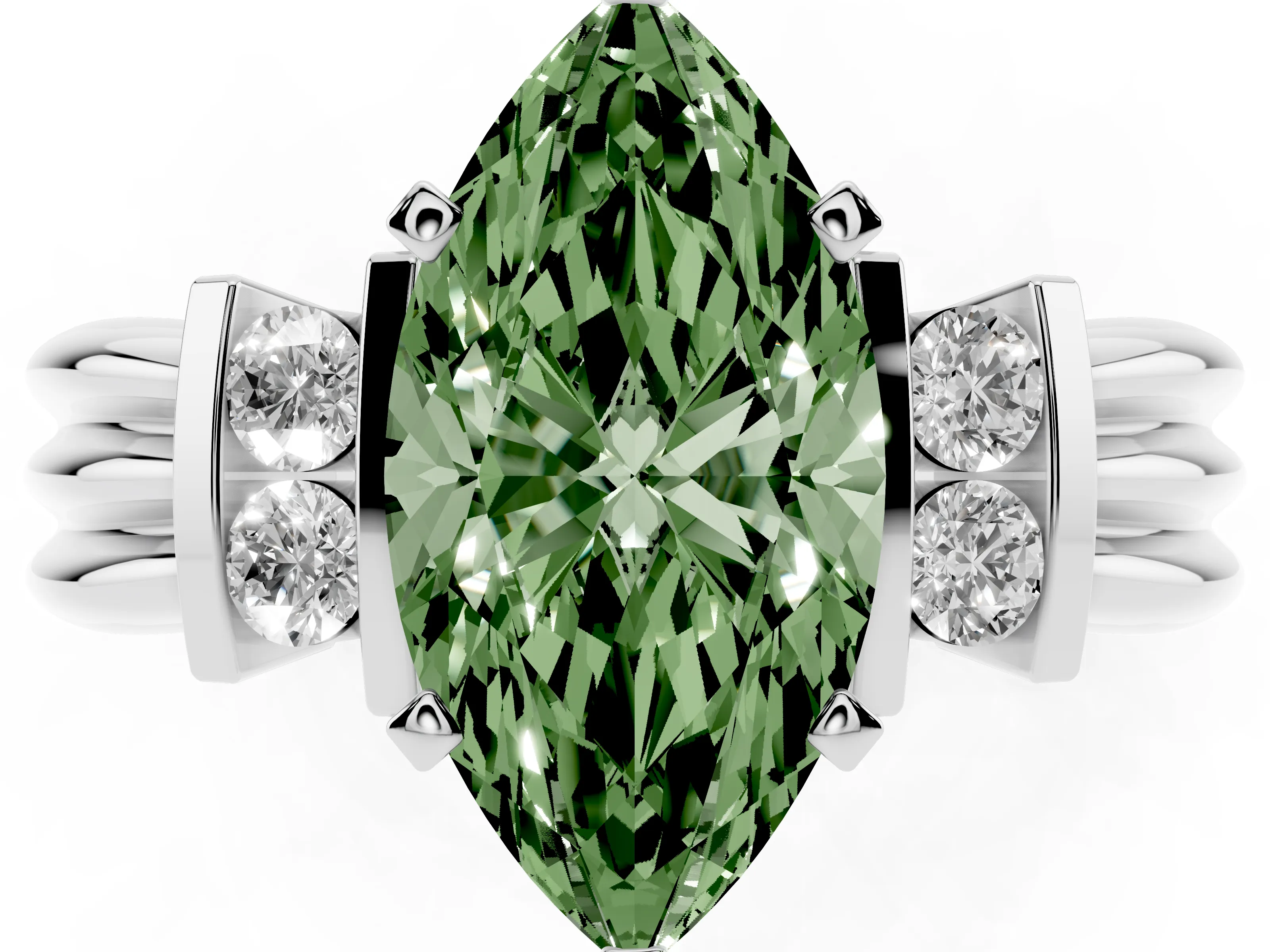 Fancy Green Three-Stone Marquise Cut Diamond Channel Set Ring Set in White gold with Bar Prongs